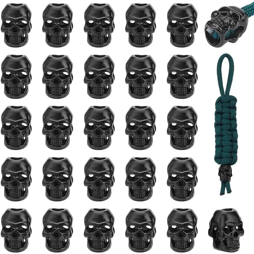 40 count Alloy Skull Beads, Skull Shape Alloy Cord End Lock Paracord Metal Large Hole Beads EDC European Lanyard Cord for Shoelace  EDC String Pendant, Black