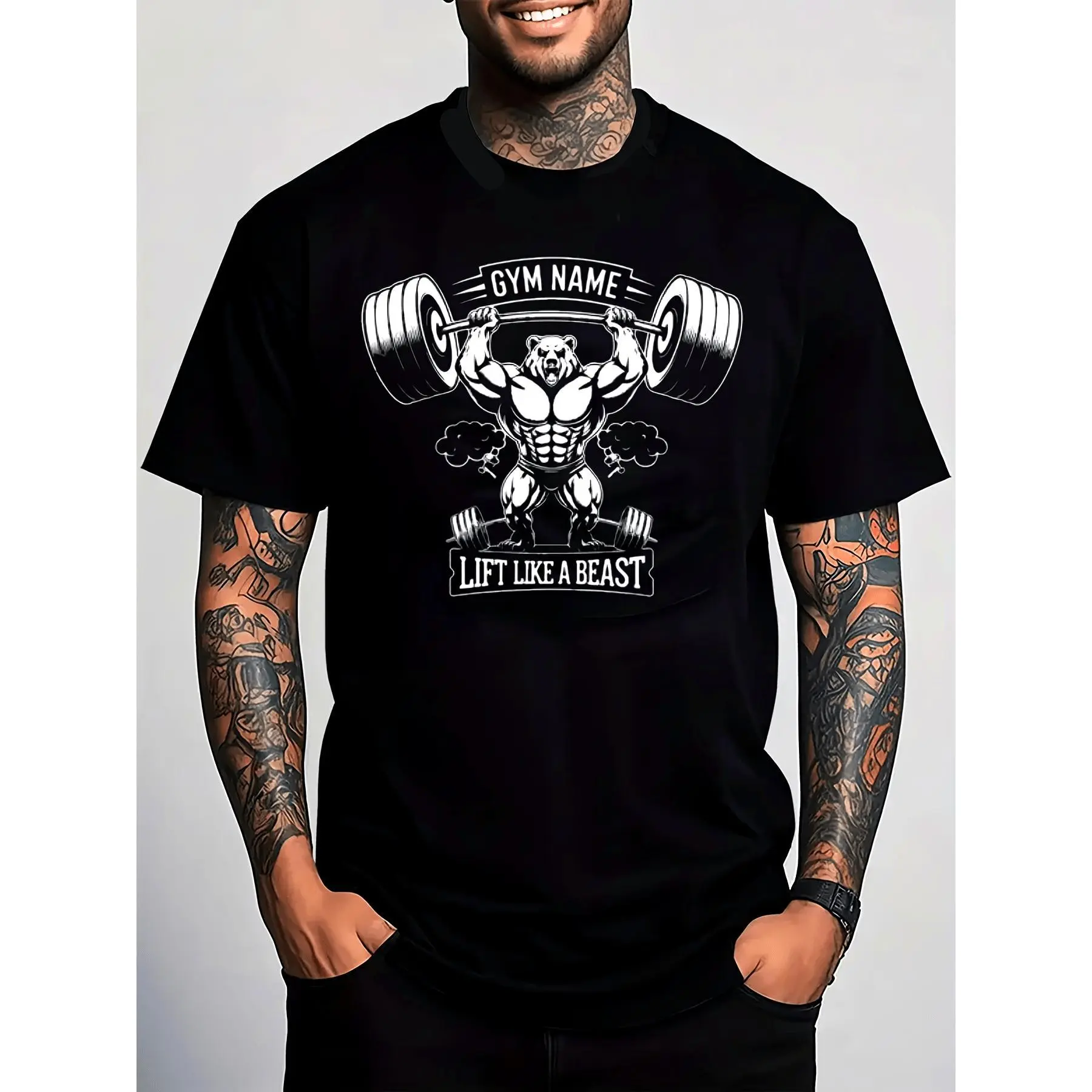 Men's Heavyweight Gym T-Shirt, 180gsm Cotton Muscle Bear Graphic Tee - LIFT LIKE A BEAST Slogan, Breathable Gym Wear for Powerlifting & Weightlifting