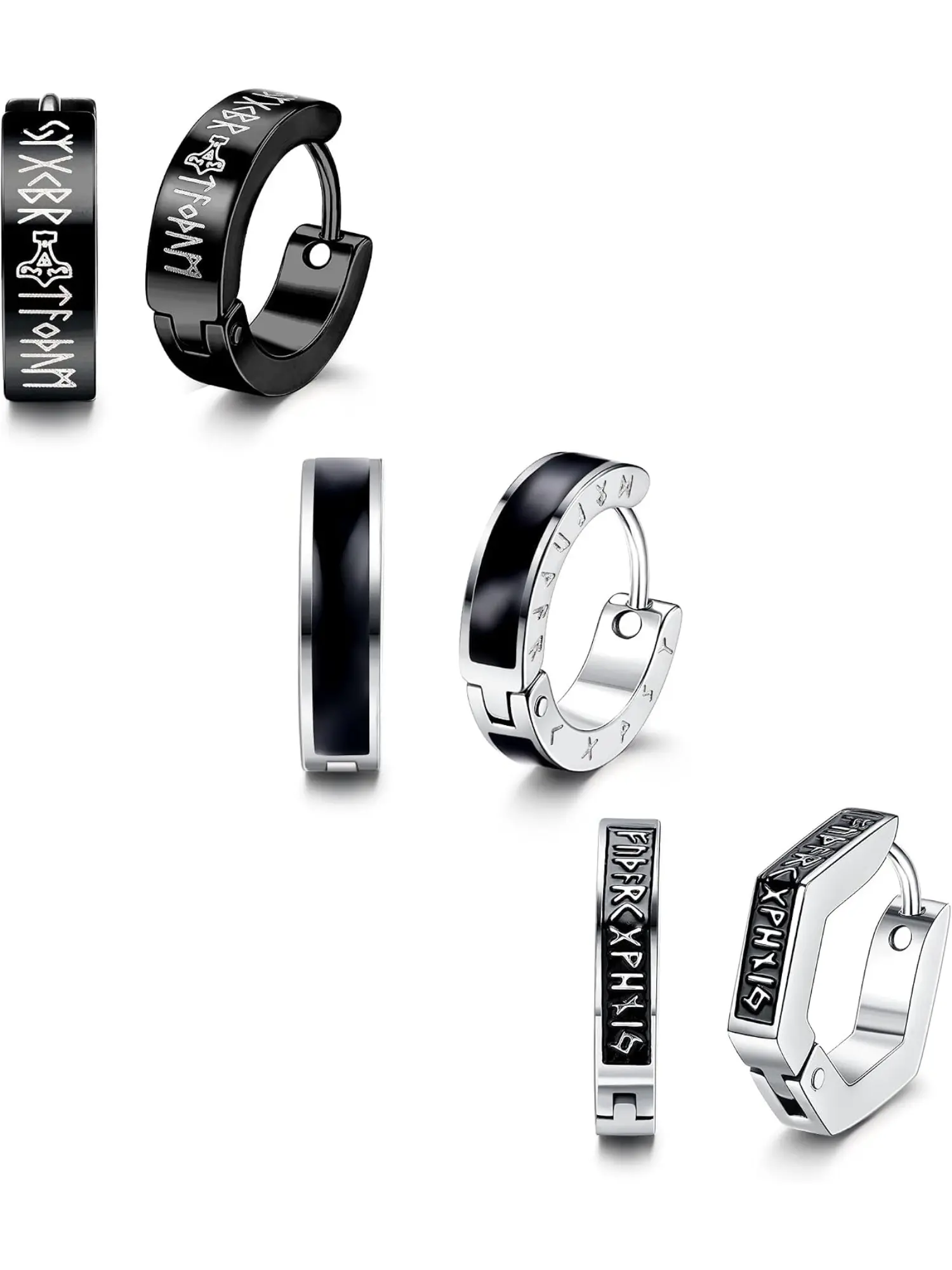 3Pairs Unisex Black Stainless Steel Viking Huggie Hoop Earring Bundle, Norse Runes Classic Cartilage Hoops 9MM Inner Diameter For Men Women