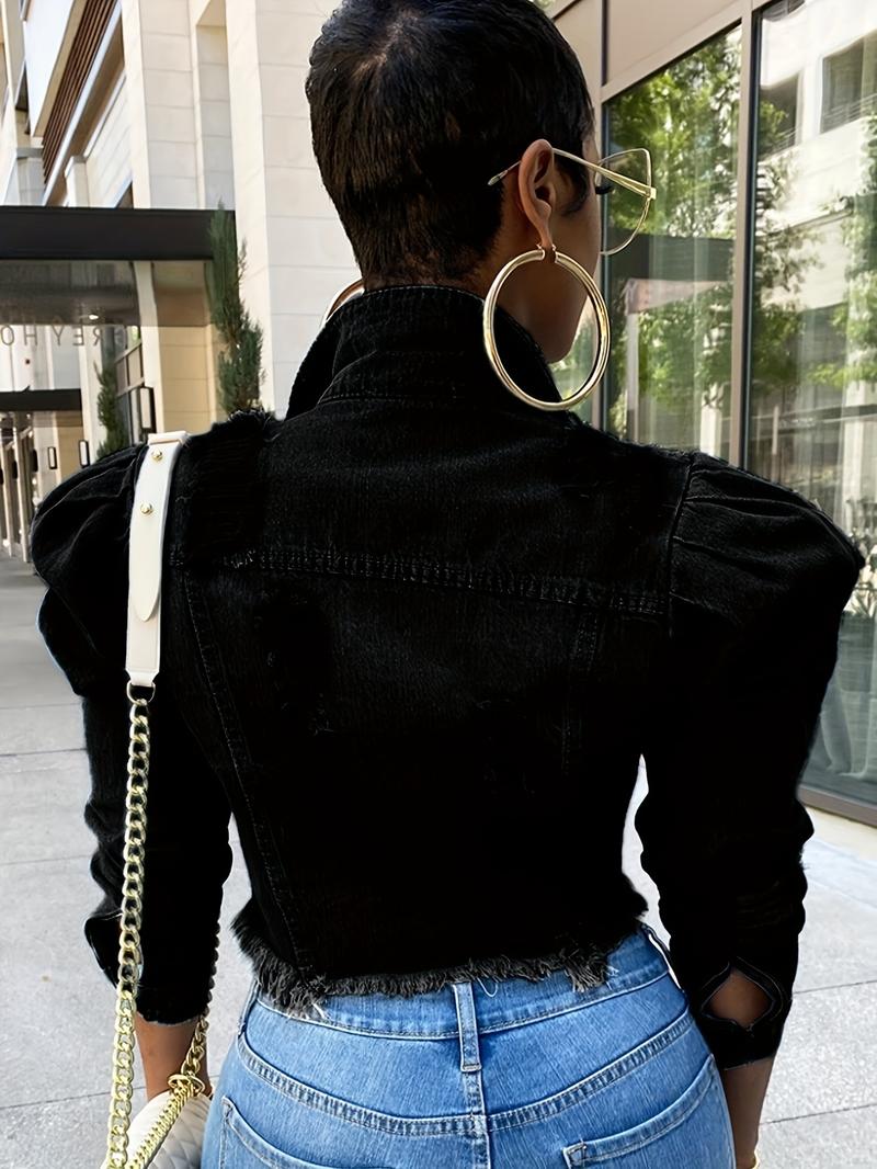 Women's Distressed Denim Jacket - Casual Black Cropped Jean Coat with Raw Hem & Puff Sleeves, Button- Style for Spring/Fall