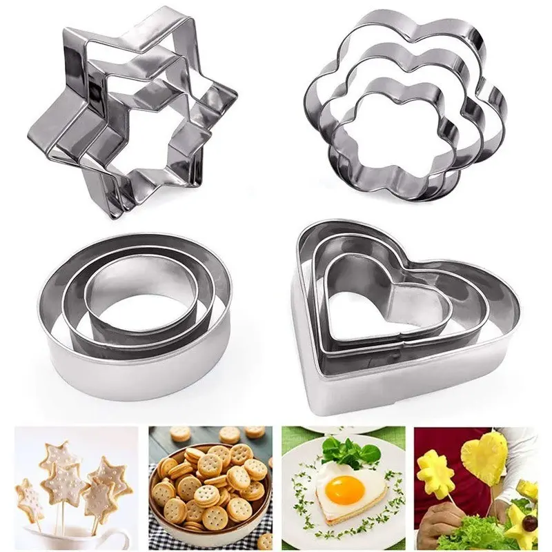 12 Piece Stainless Steel Cookie Mold Set, Heart Circle Flower Star Shapes, Home Baking Cutter for Cookies Rice Balls Fried Eggs