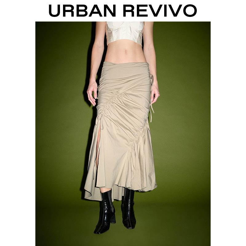 URBAN REVIVO High-Slit Beige Midi Skirt - Ruched Waist Flowy Silhouette for Effortlessly Chic Women Sense Deconstructed Pleated Fish Tail Half Skirt Elegance Bottom Spring