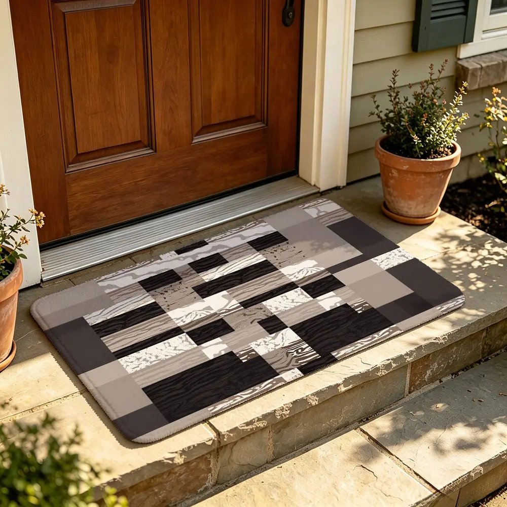 1pc Modern Minimalist Black Gray Geometric Patchwork Checkerboard Print Rectangular Entry Mat, Non-Slip Indoor Outdoor Runner for Entrance Hallway Bathroom Home Decor Gift