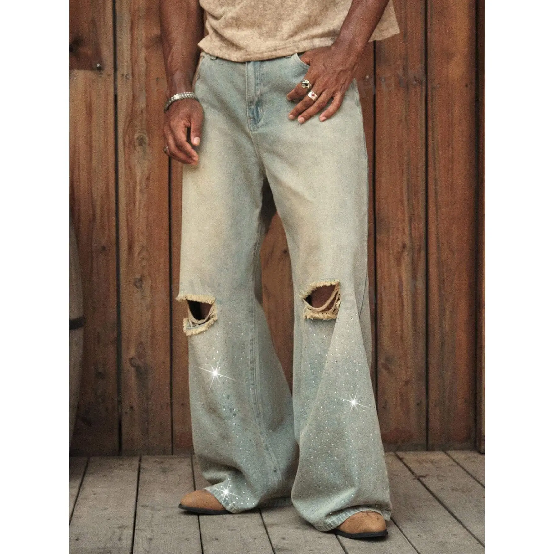 Men's Classic Oversized Vintage Wide-Leg Cotton Blend Jeans - Light Wash Denim, Distressed Ripped, Sparkle Detail, Stylish Retro Casual Streetwear Pants for Daily Wear, All-Seasons Comfortable Menswear Bottoms