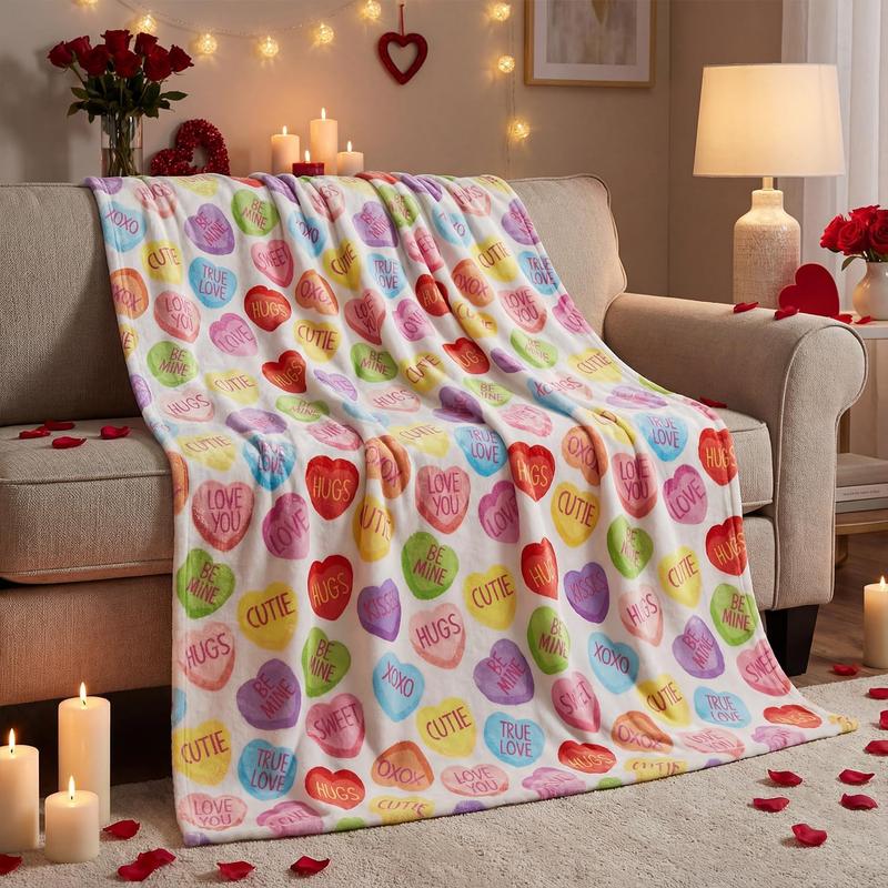 Valentine Flannel Blanket Throw, Pink Hearts with Words Soft Fuzzy Plush Cozy Fleece Blankets for Couch Sofa Bed Lounging, Ideal Gifts for Kids Adults Wife Self, 50x60