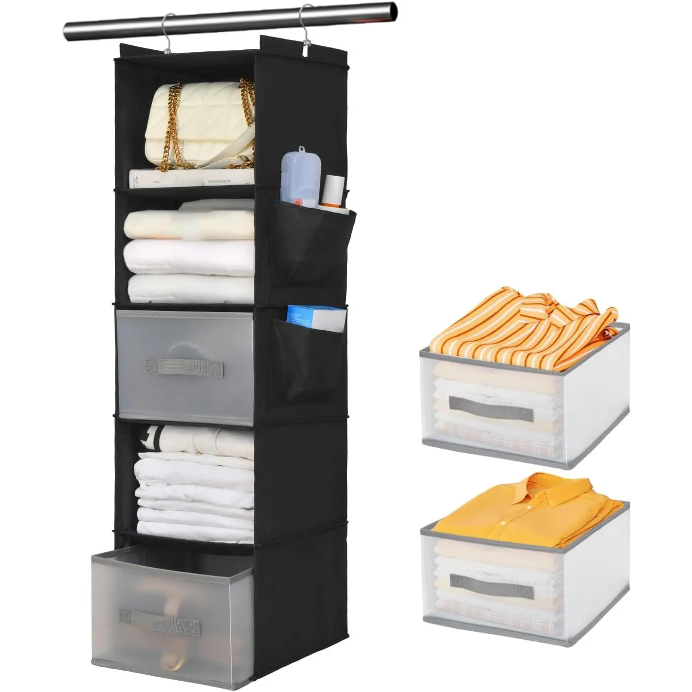 5-Layer Suspended Fabric Shelf Organizer, Equipped with 2 Sturdy Hooks, 2 Separate Drawers, and Foldable  Storage (Black)
