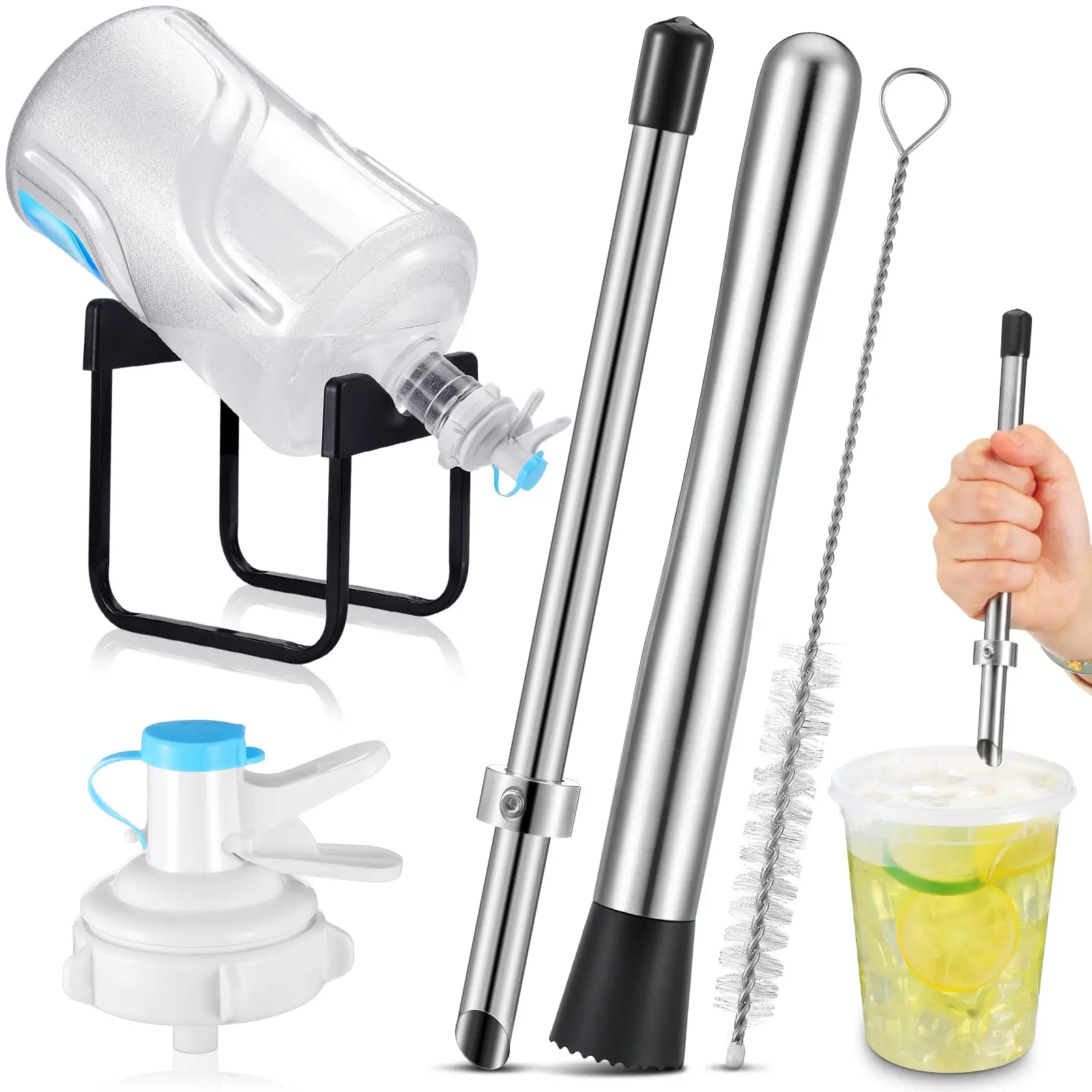 Stainless Steel Lemonade Stand Supplies, Includes 3-5 Gallon Water Jug Stand, Dispenser Valves, Straw Brush & Puncher, Muddler Included