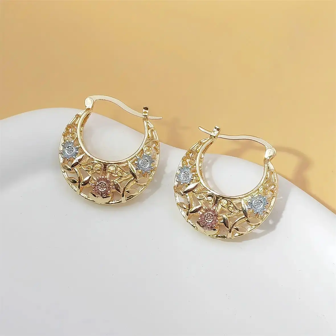 Women's Fashion Drop Hoop Earrings - Vintage Mexican Filigree, Tri-Color Floral Hollow-Out Gold-Tone Alloy Statement Jewelry, Lightweight Elegant Party Gift For Mom
