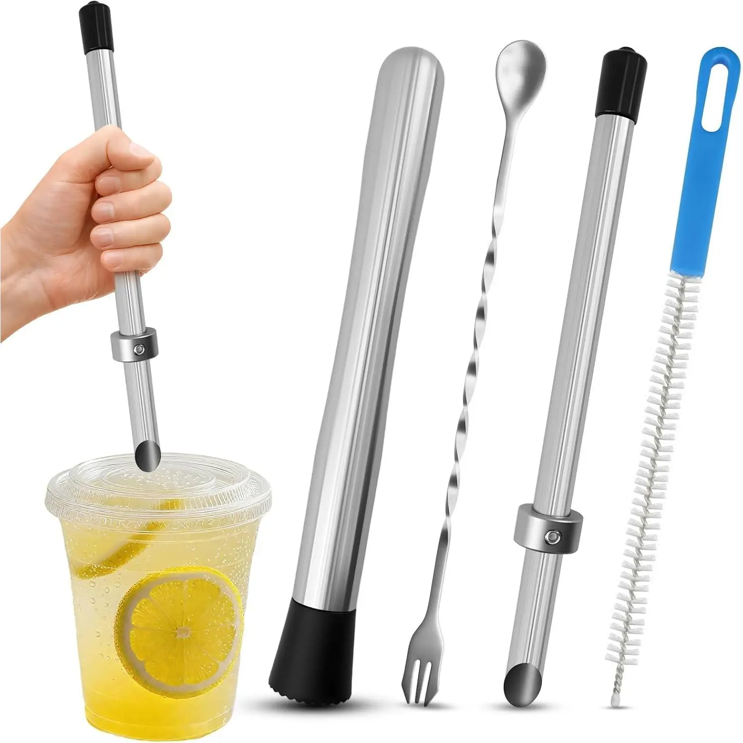 Lemonade Muddler Kit 4-in-1 - Straw Puncher, Lemon Smasher & Cleaning Brush | 30 sec lemonade. Instant lid punch no cracks. Textured head, ergonomic handle. Pulp-removing brush. Party & home.