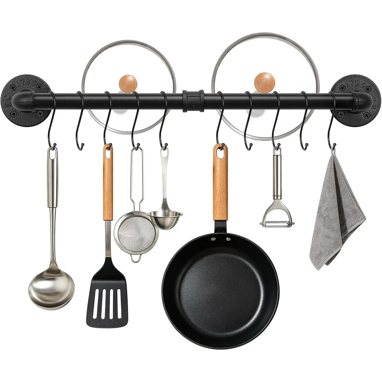 24 Inch Industrial Pipe Pot Pan Rack, Heavy Duty Wall Mounted  Rail with 10 Removable S Hooks, Space Saving Kitchen Organizer and Utensils Hanger for Cookware, , Matte Black