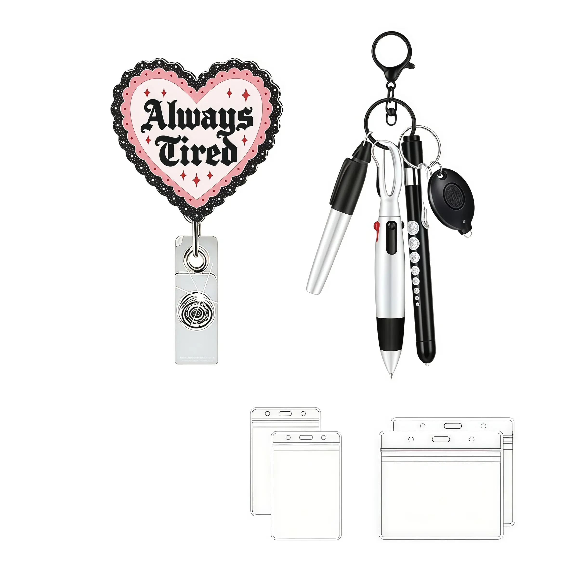 Vintage Lace Heart Badge Scroll, Badge Reels, Fun 'always Tired' Text ID Badge Clip, Keychain Pen & ID Card Holder, Perfect Office Gift for Nurses, Teachers, Staff