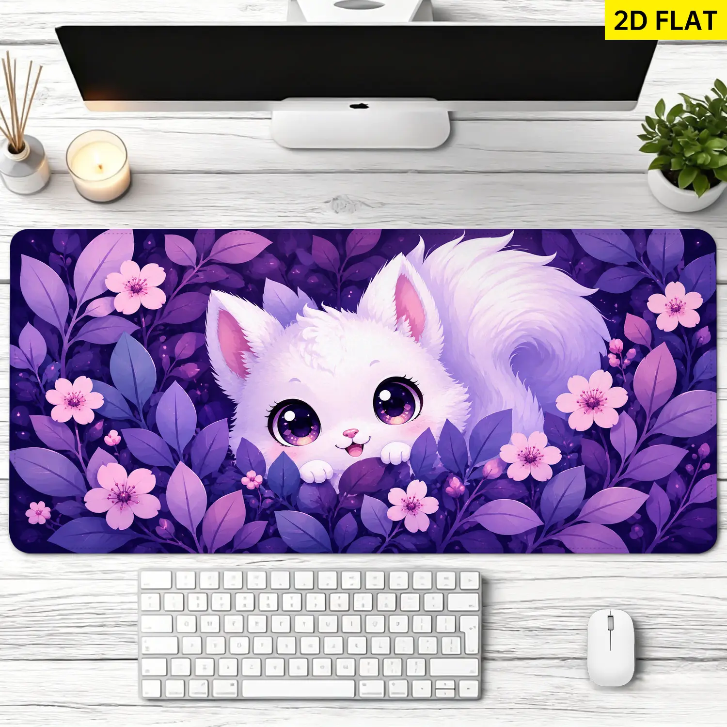 Extra Large Cute White Fluffy Cat & Purple Floral Design Mouse Pad, Non-Slip Rubber Base, Multi-Size, Lock Edge, Washable Desktop Protection Pad for Gaming Office, Premium Multipurpose Gift for Family