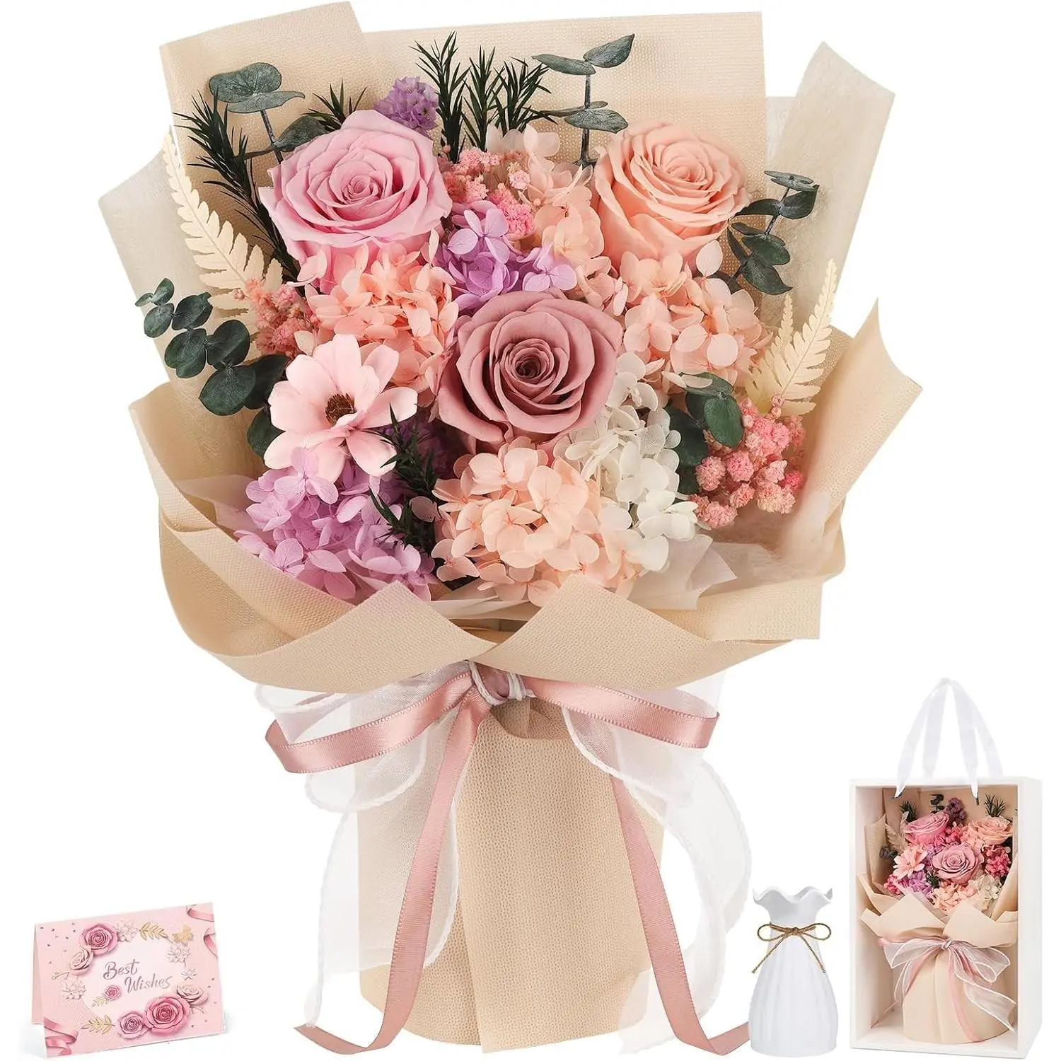 Flowers for Delivery Prime Preserved Flowers Bouquet with Vase, Pink | Real Roses, Gift Box & Card, Last 3-5 Years Eternal Roses for Mom, Wife, Daughter, Girlfriend, Anniversary & Birthday Gifts