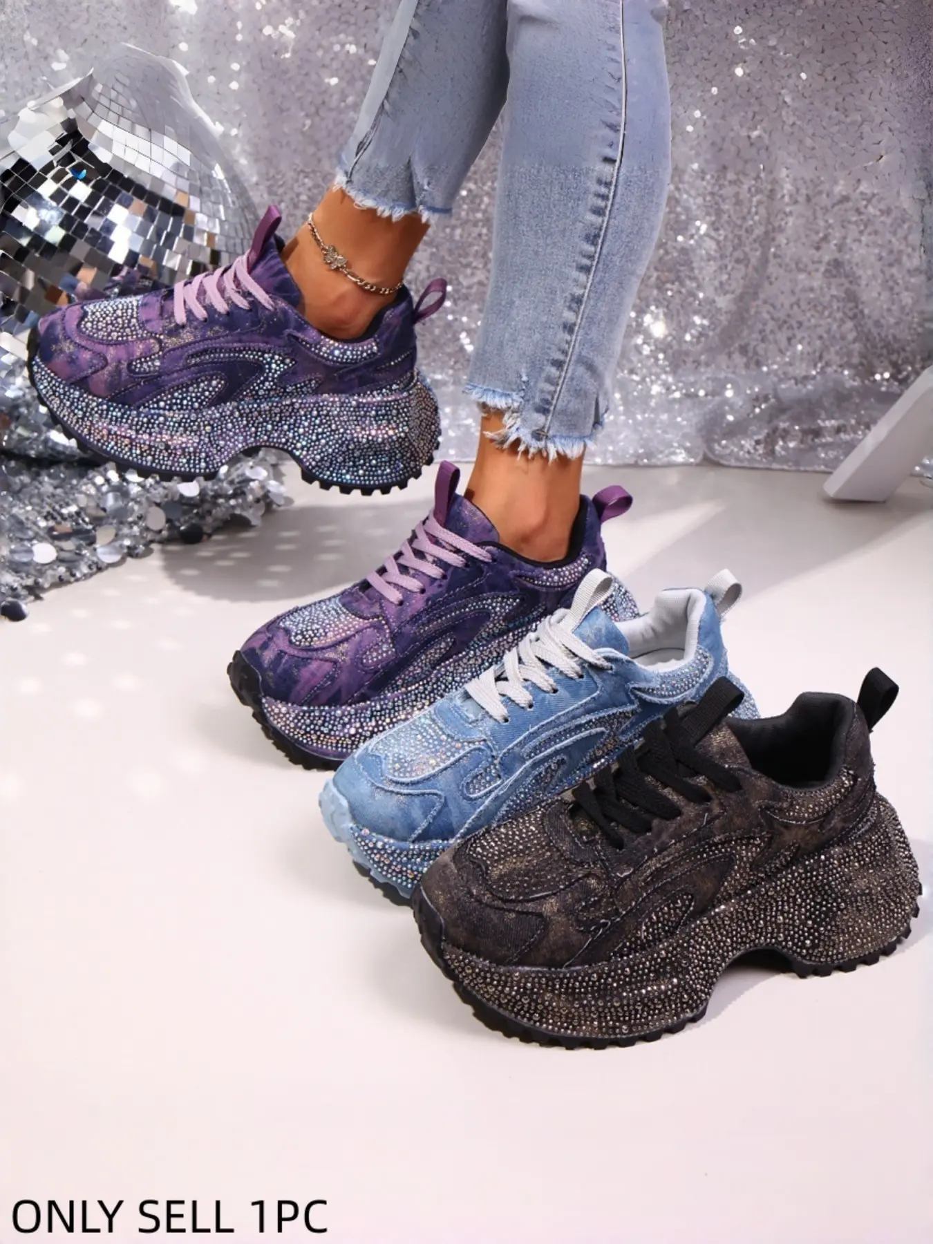 Bling Rhinestone Washed Denim Dad Shoes for Women, Height-Boosting Thick Sole Lace-Up Platform Sneakers, Trendy Casual Breathable Sports Shoes