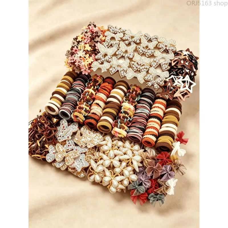 512 pieces/sets-Autumn Style Girls Cute Hair Accessories Set,Elegant Butterfly & Flower Hair Clips, Coffee Tone Hair Ties & Barrettes, Soft & Stylish, Perfect for Daily Wear, School, Parties & Gift Giving for Girls.