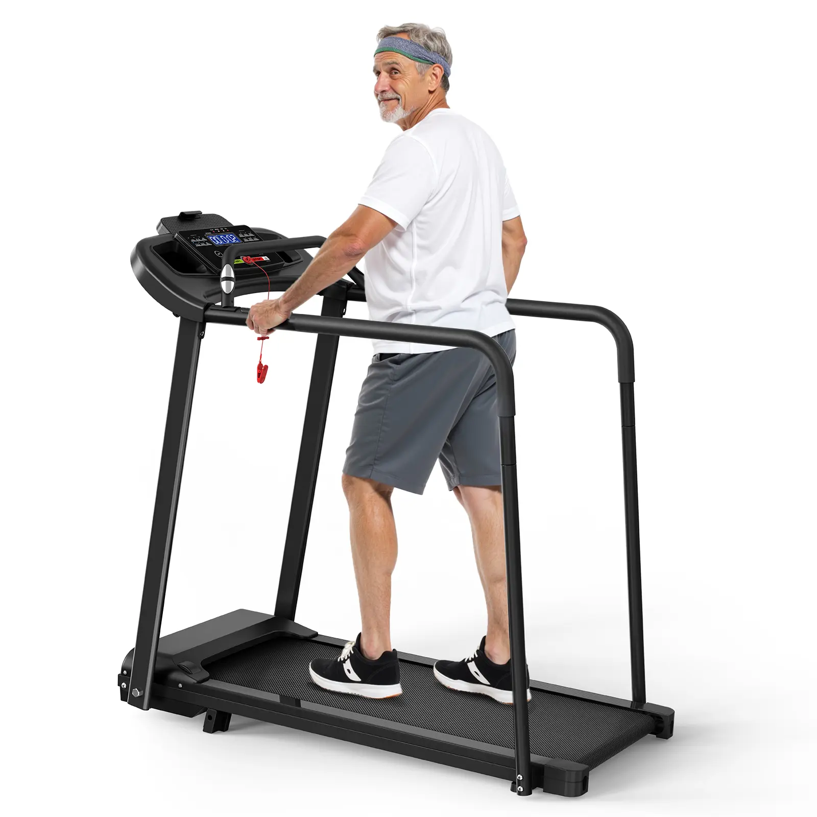 Nokaa Walking Pad Treadmill for Seniors, Foldable Electric Treadmill with Extended Handrails, 2.5HP Quiet Motor, 0.5-6 MPH, 300 Lbs Capacity, LED Display with Heart Rate, Shock Absorption, for Home Apartment Indoor Walking Exercise, Black Steel