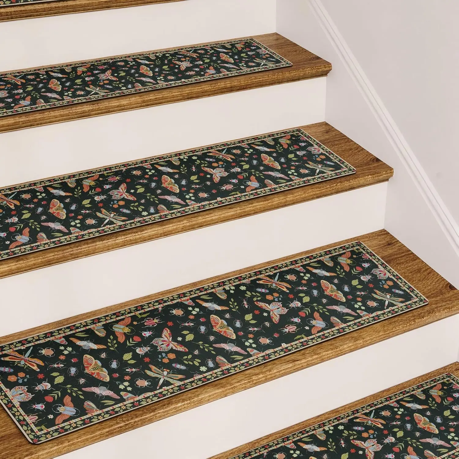 Insect Print Stair Treads Non Slip 15PCS, Stair Runner for Wooden Steps Indoor, Rubber Stair Mats Residue-Free Staircase Step Treads for Kids, Elders, Pets, Dark Green