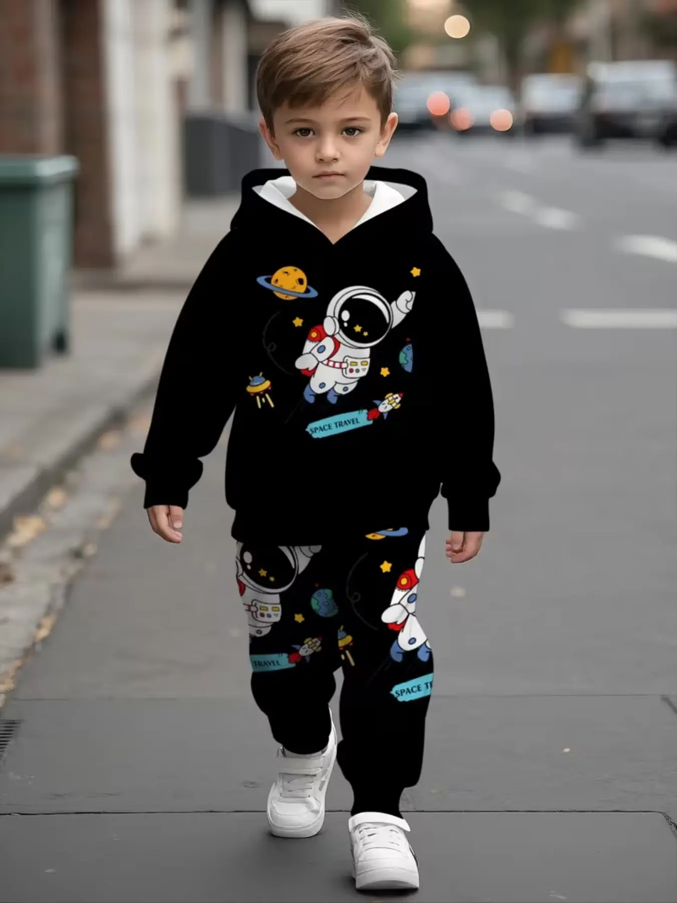 Boys' Hooded Sweatshirt and Pants Set, Astronaut Theme Print, Casual Slim-Fit Long Sleeve Suit, All-Season Fashion