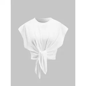 Women's Fitted Crop Tee, Basic Solid Short Sleeve T-Shirt with a Casual Tie-Front and Round Neck for Summer