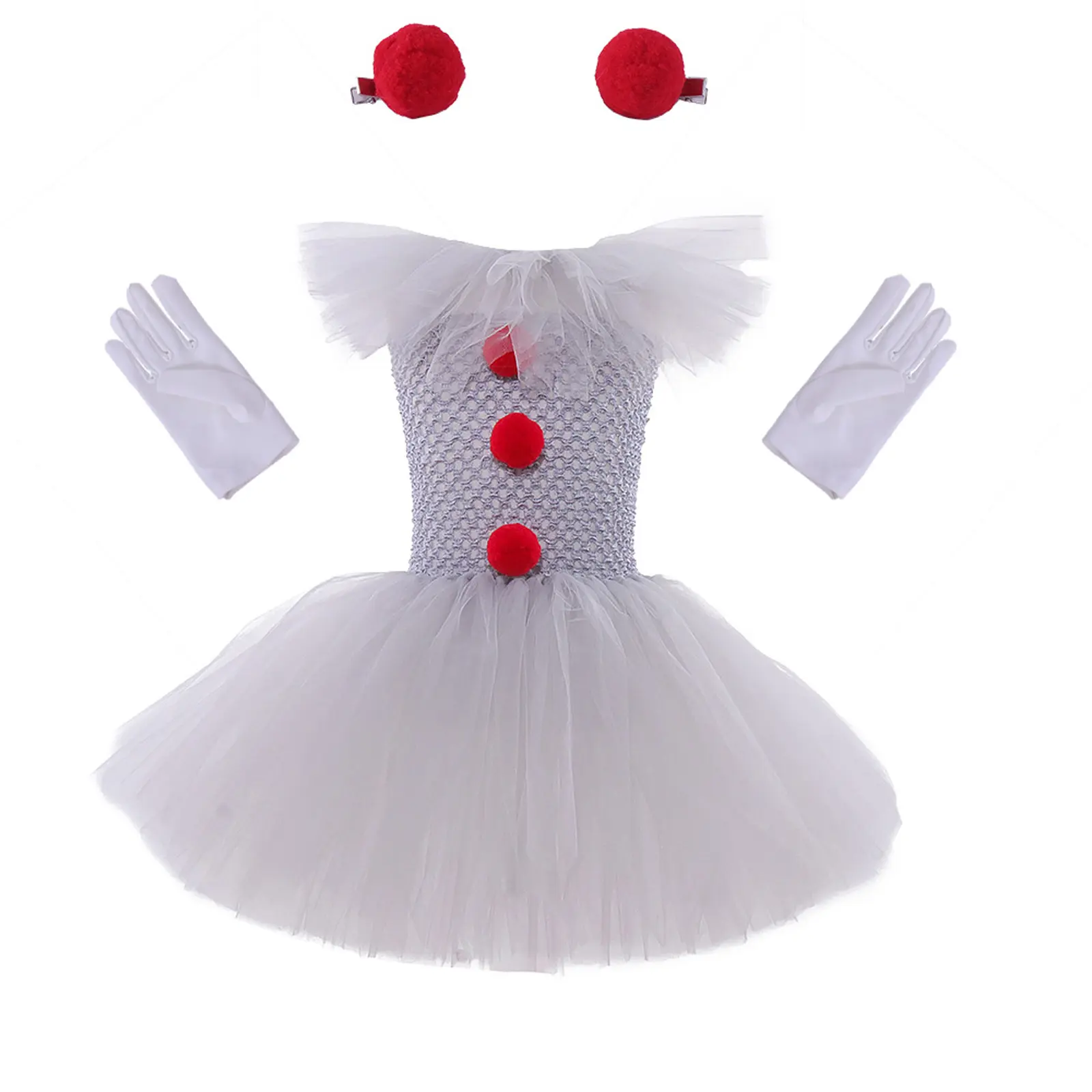 Toddler Baby Little Girl Clown Costume Set White Tulle Dress Gloves Hair Clips Set for Halloween Party Cosplay 2-12 Years