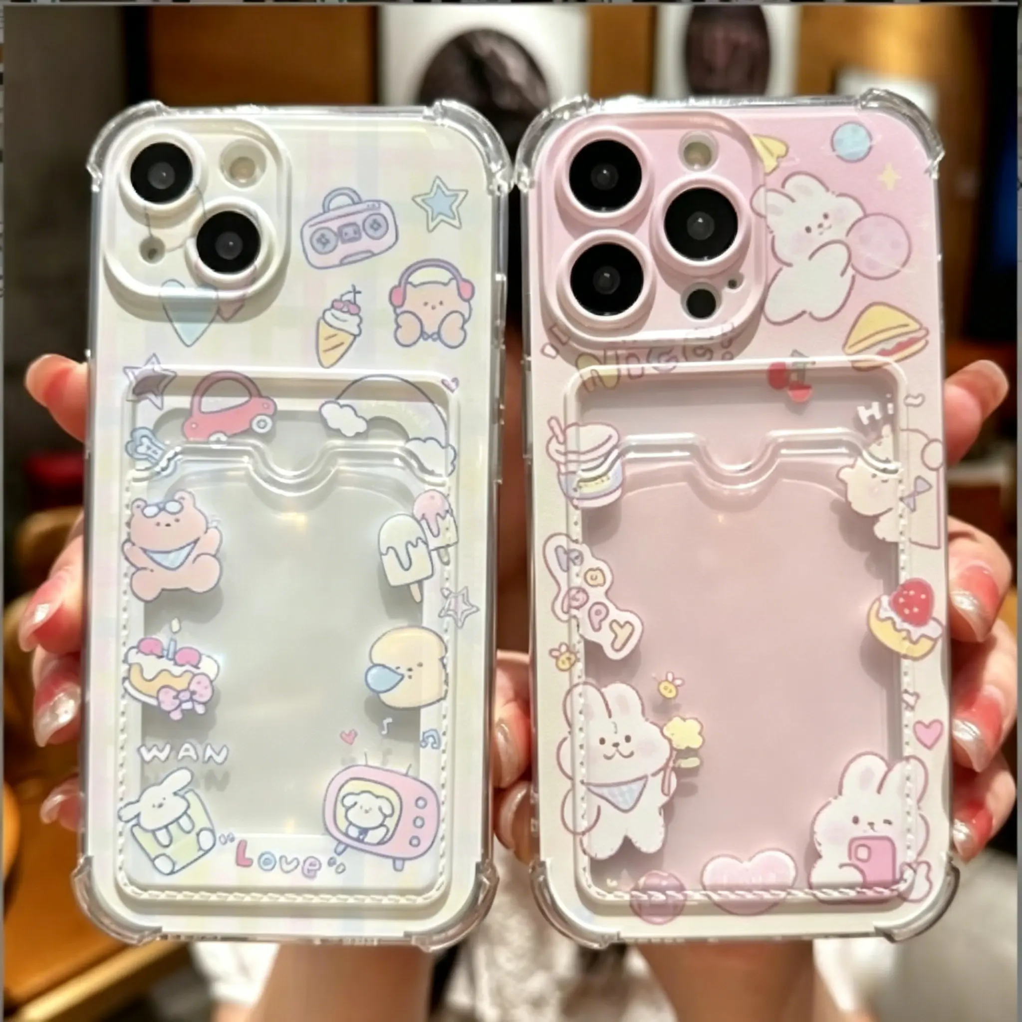 Cartoon bunny-themed card holder phone case, with a back for storing cards and photos, compatible with Samsung Galaxy iPhone17 16 15 14 1 3 12 11, cute design, made of TPU material, shockproof and drop-resistant.