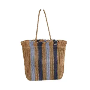 French woven rainbow bag, large capacity tote bag-Straw woven bag new popular shoulder bag