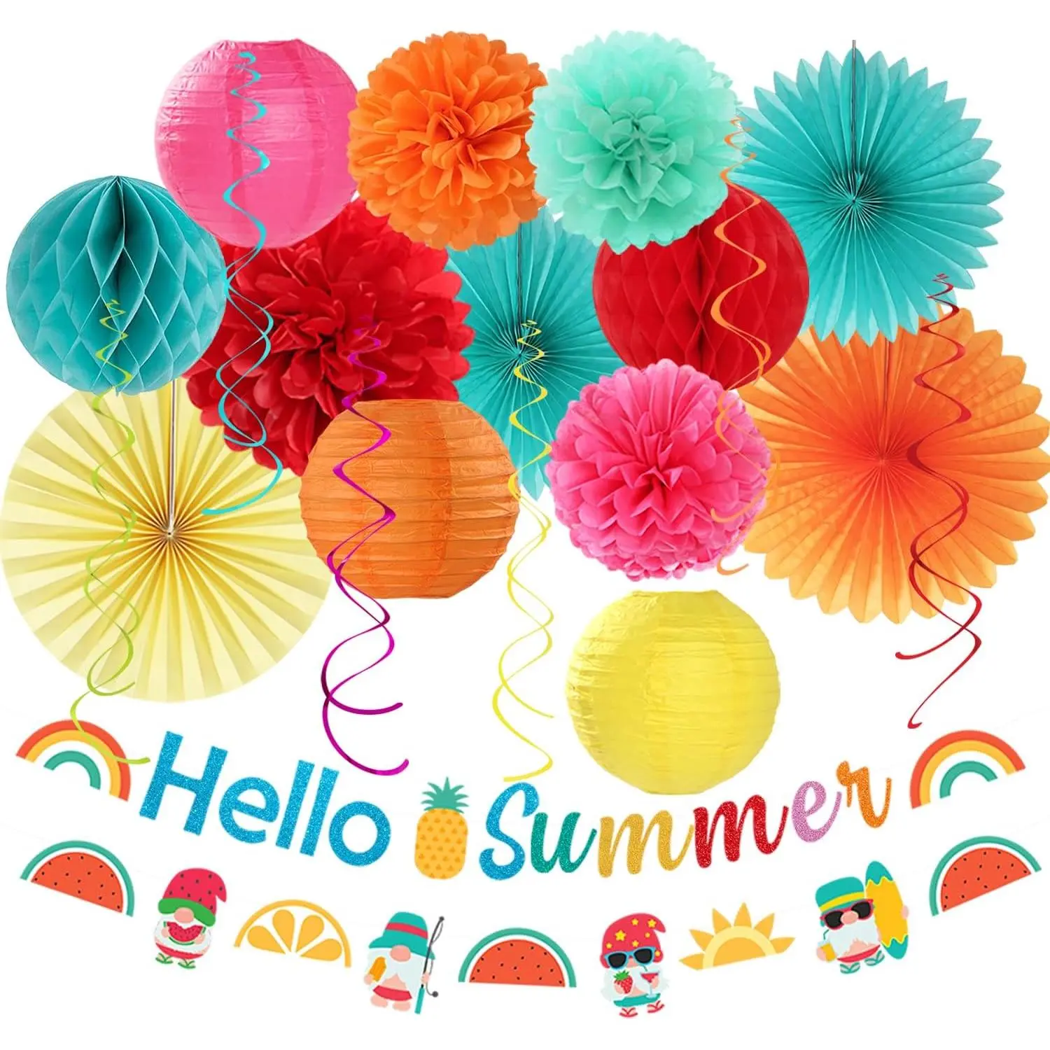 Luau Party Decorations Supplies, 21 Pieces Multi-Size Orange Yellow Mint Teal Set - Banner, Pool Paper Lanterns, Streamers Garland, Tissue Pom Poms, Fans for Summer Hawaiian Beach Tropical Outdoor Wall Decor, Outdoor Events