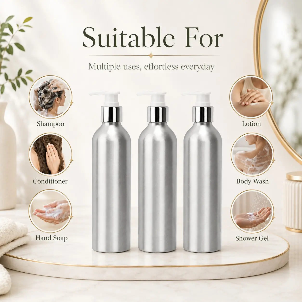 250ML Aluminium Lotion Bottles 3 Pack, Reusable Lotion Dispenser with Pump for Shampoo, Conditioner, Hand Wash, Eco-Friendly Beauty Containers