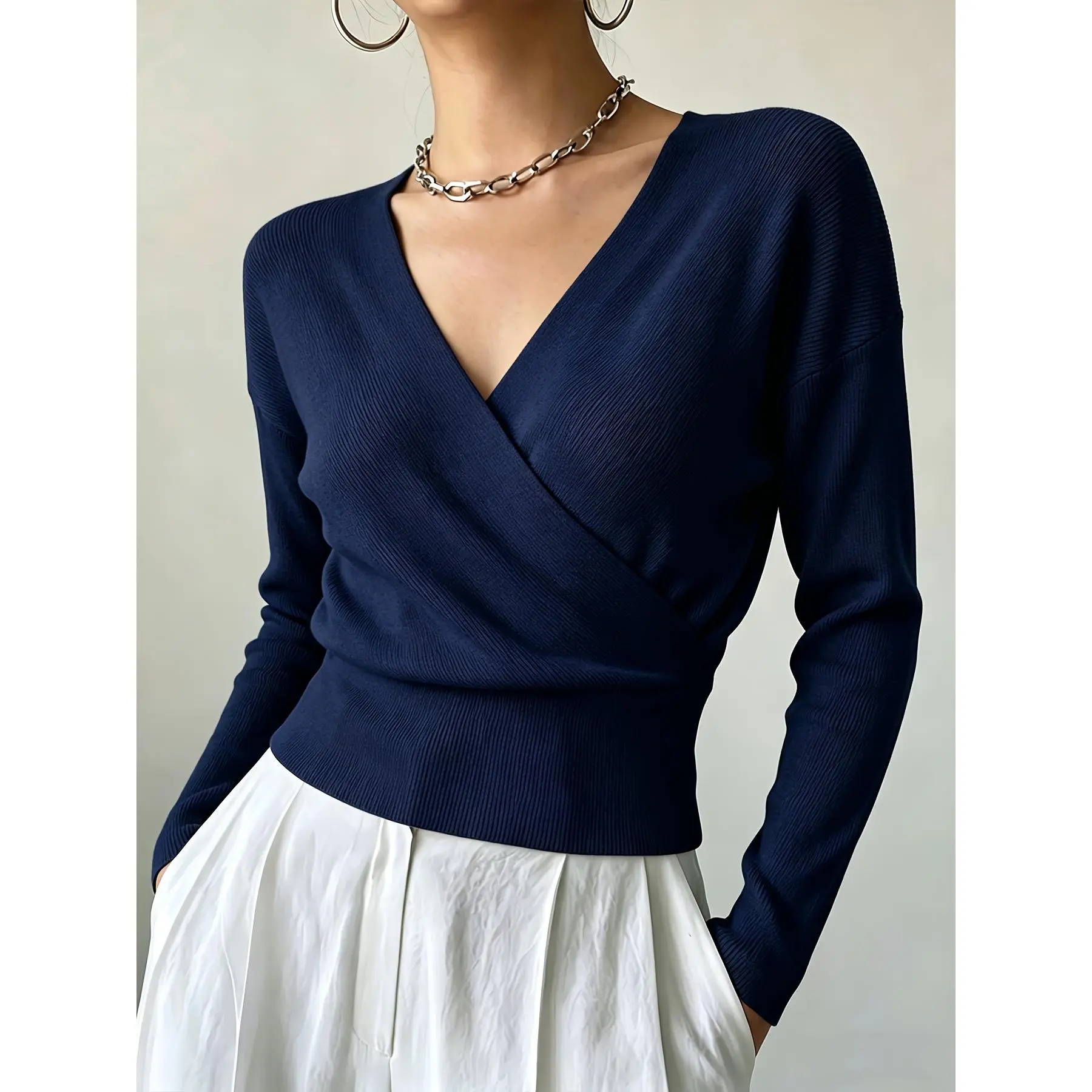 Women's Ins Fall Winter/Cross-Neck Pullover/Temperament Versatile Loose/Machine-Washable Long Sleeve Sweater