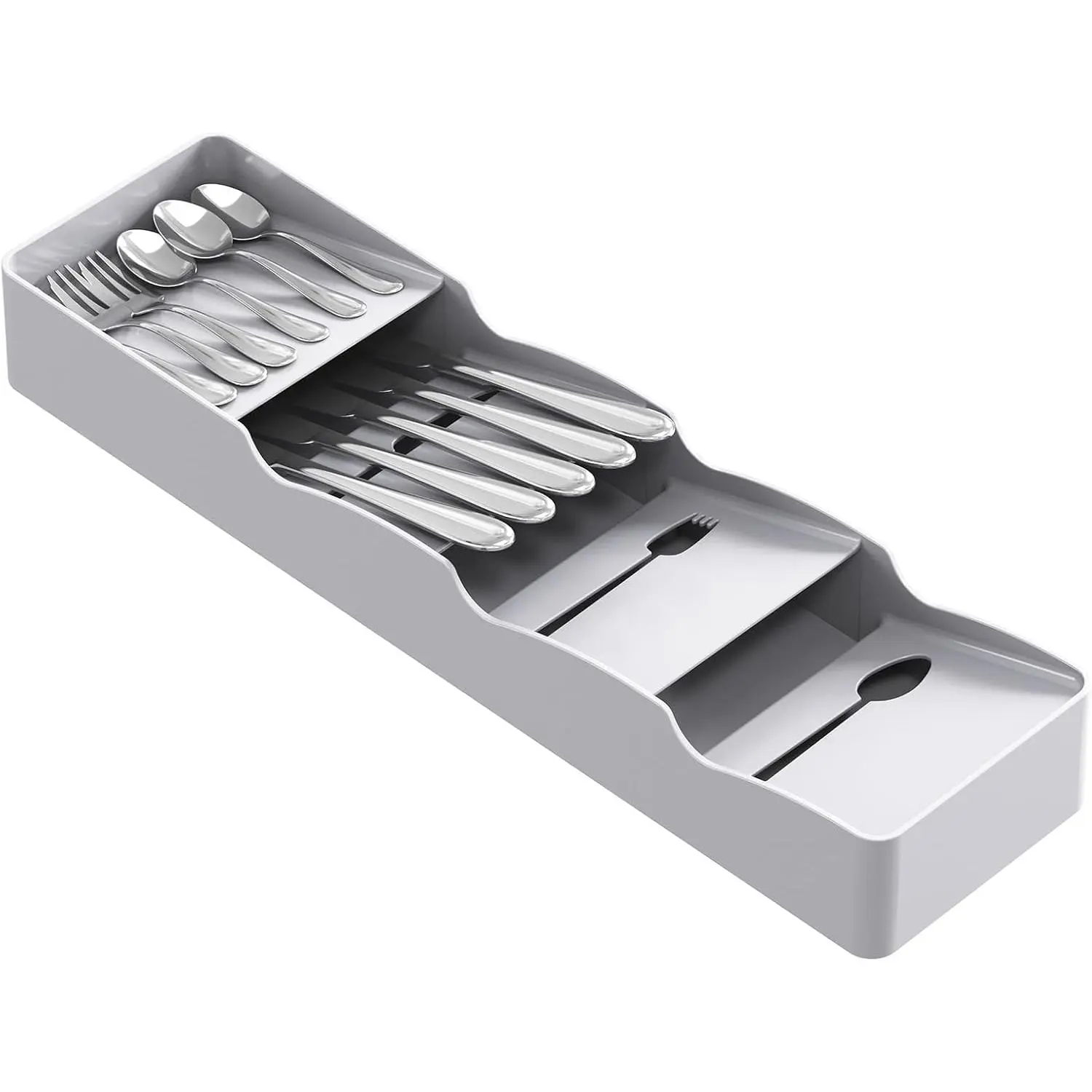 Small Flatware Drawer Organizer, Compact Narrow Silverware Tray for Kitchen Drawers, Plastic Cutlery Holder for Spoons, Forks,  – Fits Small & Slim Kitchen Drawers, Gray