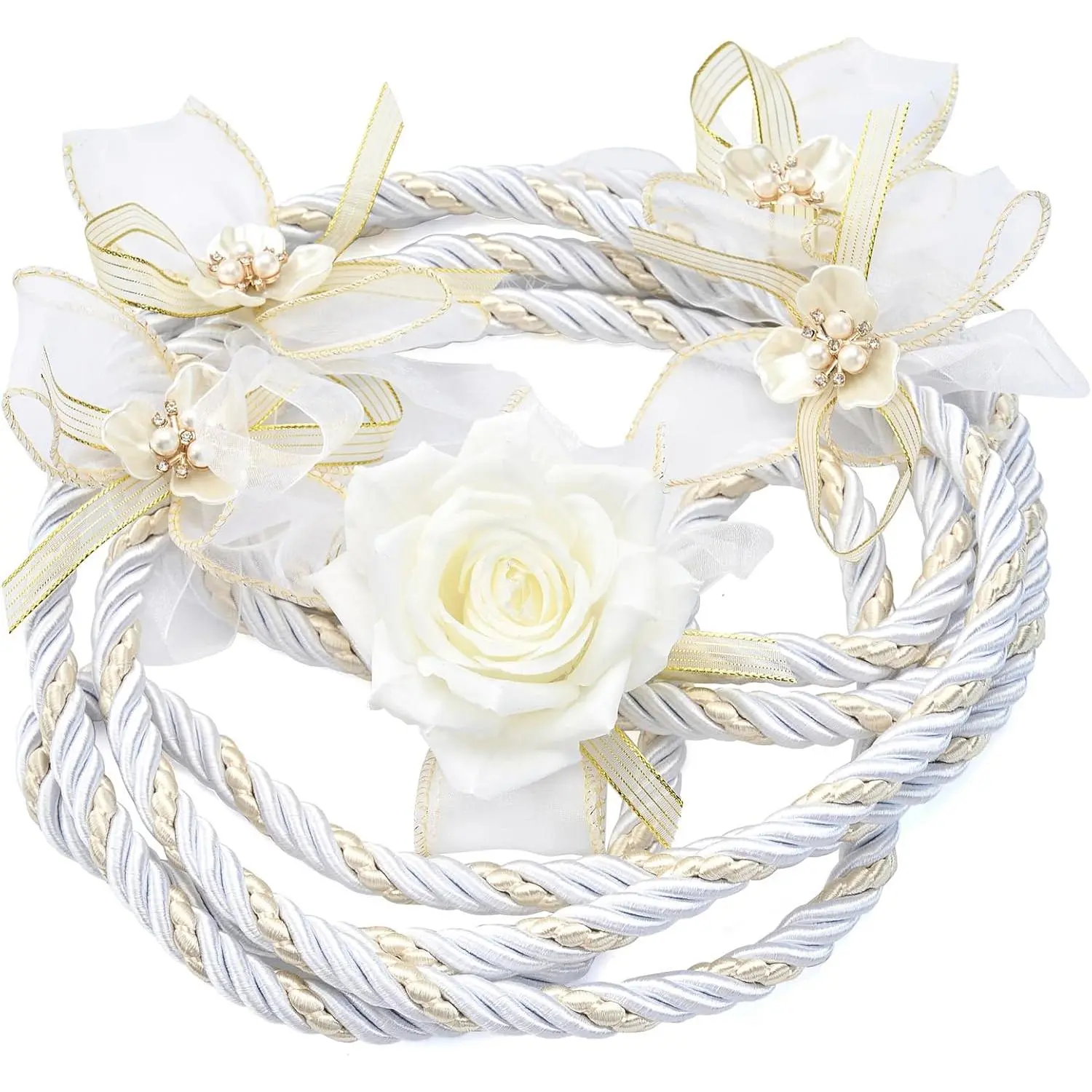 White Traditional Wedding Lasso Rope Catholic Unity Wedding Cord with White Gold Embellishment Lazo de Boda Tradicional for Wedding Ceremony Bridal Gift Box