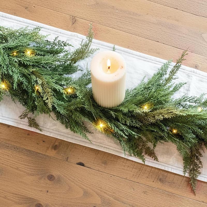 Christmas Cedar Garland Realistic with Lights - Cypress Decorations 9ft for Mantle Lighted Faux Pine Garlands for Xmas Home Decoration Indoor Stairs Railing Fireplace 9 Ft Outdoor Prelit Door Decor