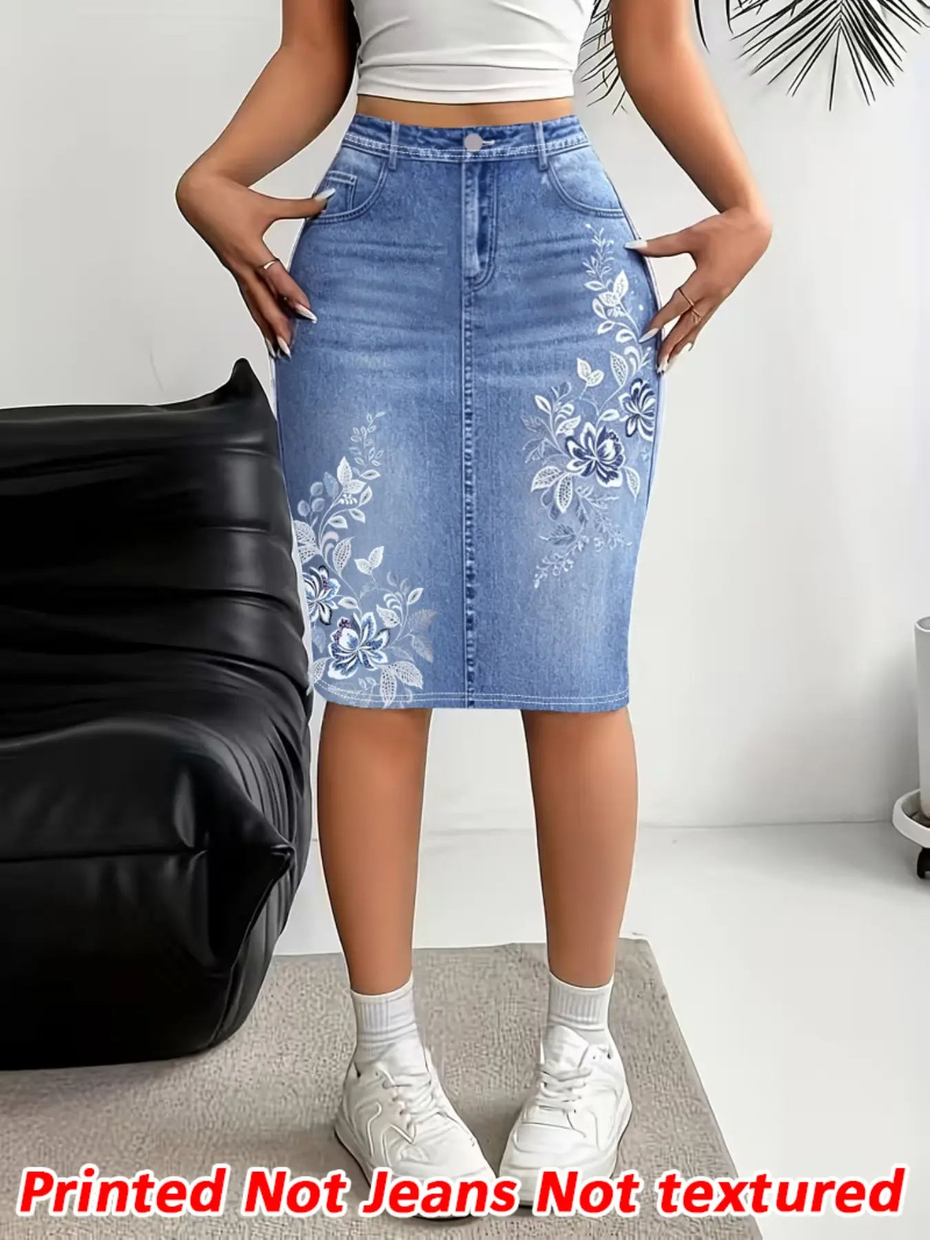 Women's Printed Pants, Non-Denim Blue Midi Skirt, Mid-Waist Casual Design, Stretchy Denim Print, Comfortable, Fashionable, Elegant & Chic, Daily Wear, Bottom