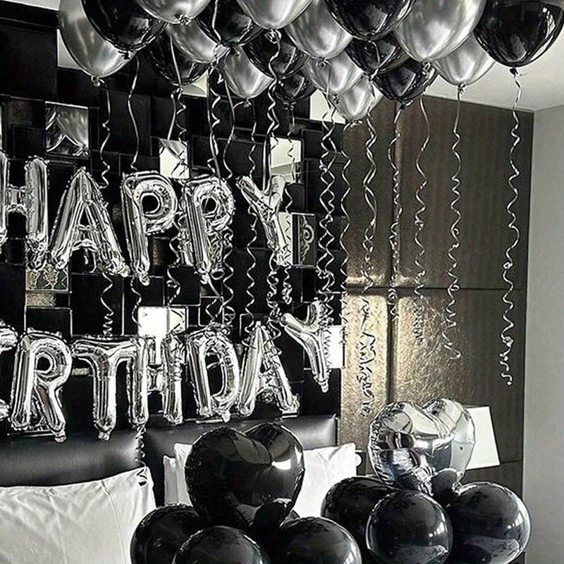 32pcs Balloon Set 16inch Silver Happy Letter & 18inch Black Silver Heart-Shaped Aluminum Foil Latex for Birthday Wedding Anniversary Party Decor