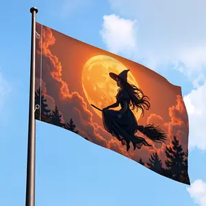 Halloween Witch Flag 2x3ft / 3x5ft - Spooky Flying Witch on Broomstick with Full Moon, Perfect for Halloween Outdoor Yard Decor