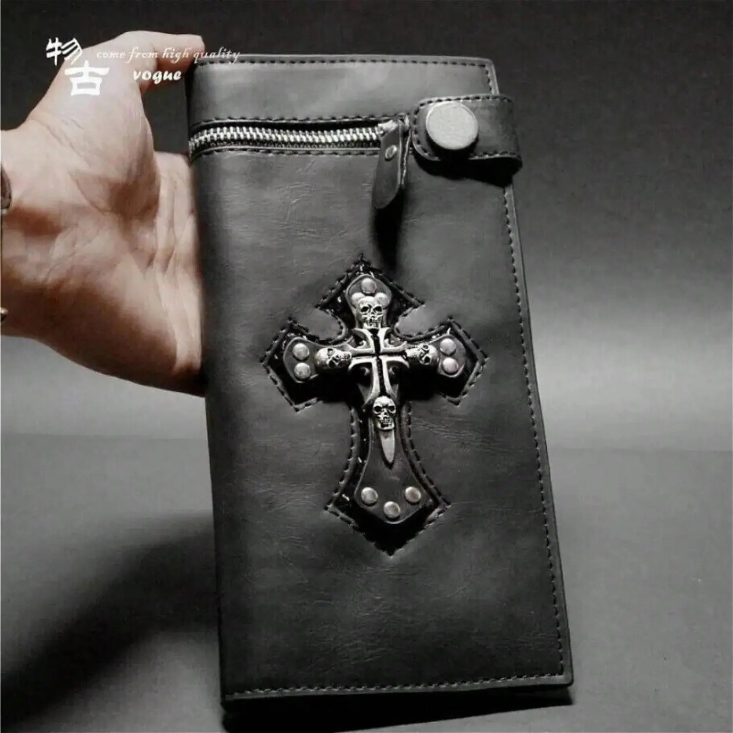 Men's Punk Rock Biker Skull Leather Long Card Money Wallet  Purse Black/Brown