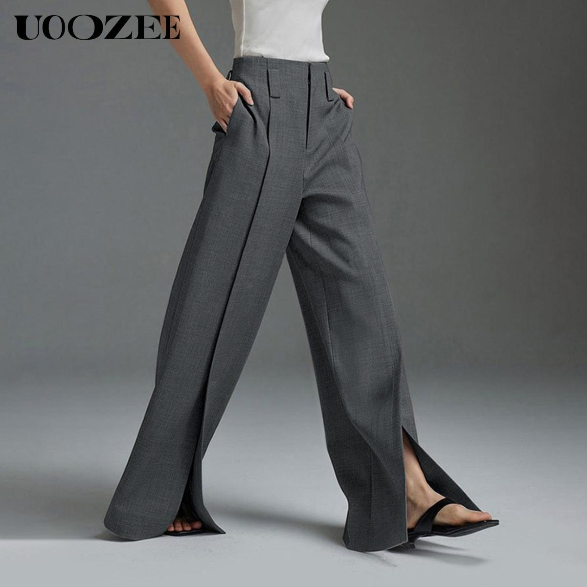 UOOZEE Women's Loose Wide Pants High-Waisted Pleated Split-Front Pants Trousers No belt Bottom Fitted Womenswear Basic pants women work outfits women interview outfits