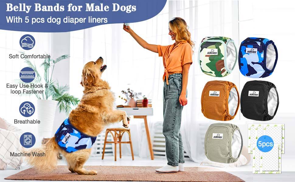Belly Bands for Male Dogs 5 Pack Washable Dog Diapers Reusable Male Dog Pee Wraps with 5pcs Dog Diaper Liners for Doggie in Incontinence Or Excitable Urination And Training, XS/S/M/L/XL