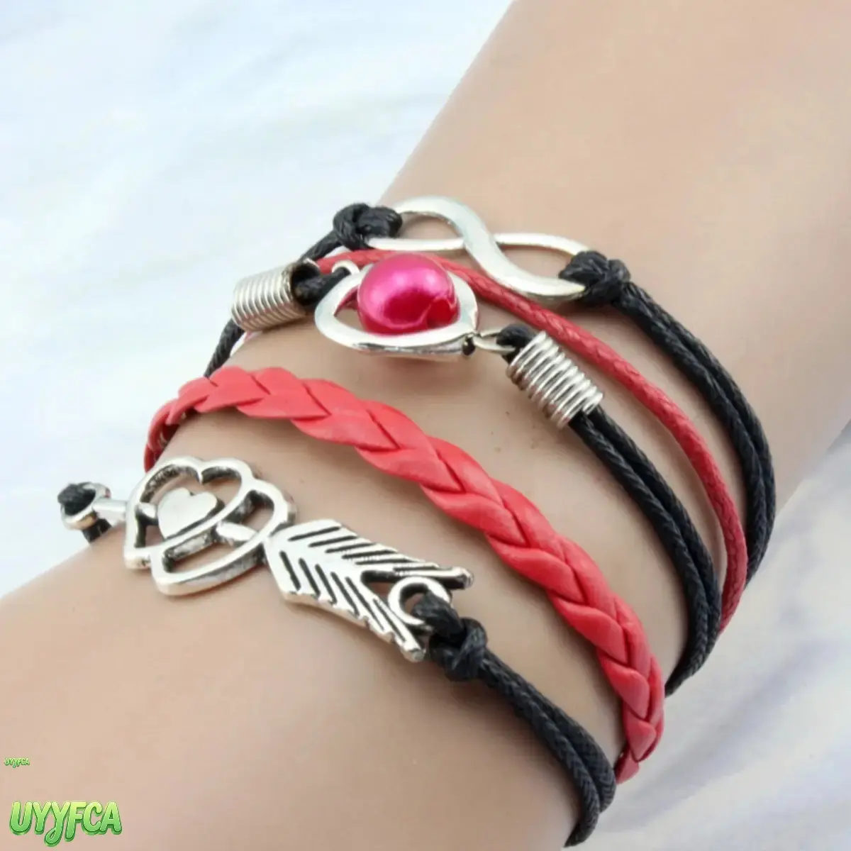 Boho Multi-Layer Braided Faux Leather Bracelet, Infinity Heart Cupid Arrow Pearl Charm Stackable Wrist Jewelry, Rope Wrap Band In Multi Neutral & Bright Tones, Lightweight Vintage Costume Accessory For Daily Outfit Date Holiday Birthday Gift