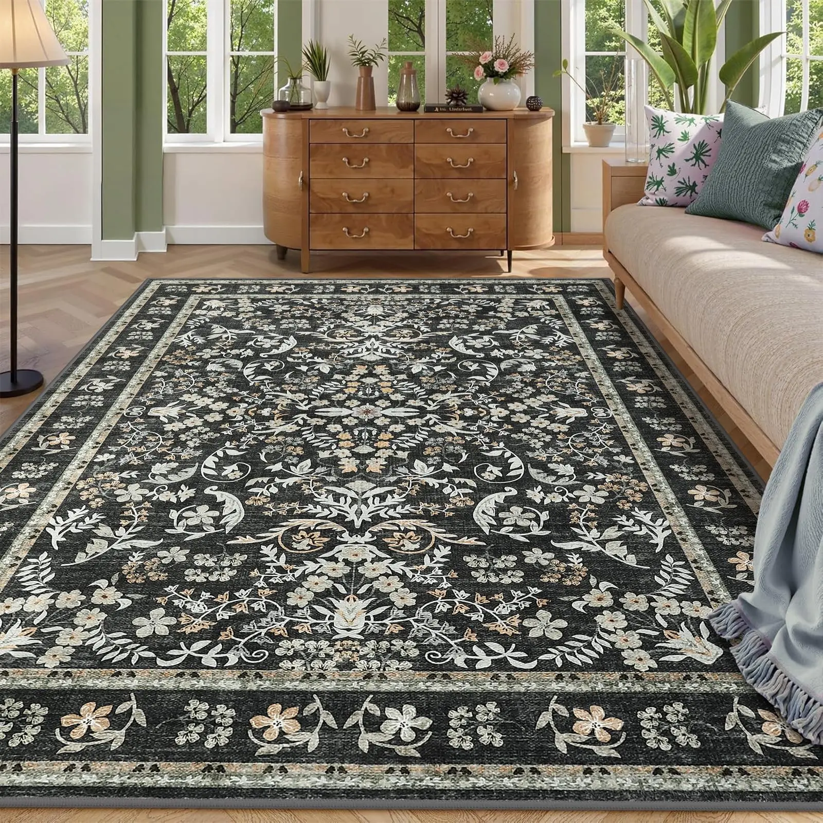 Garvee Washable Area Rug, 8x10 Boho Floral Soft Rugs for Living Room, Non Slip Low Pile Carpet for Bedroom, Dining Room, Nursery, Hallway, Black