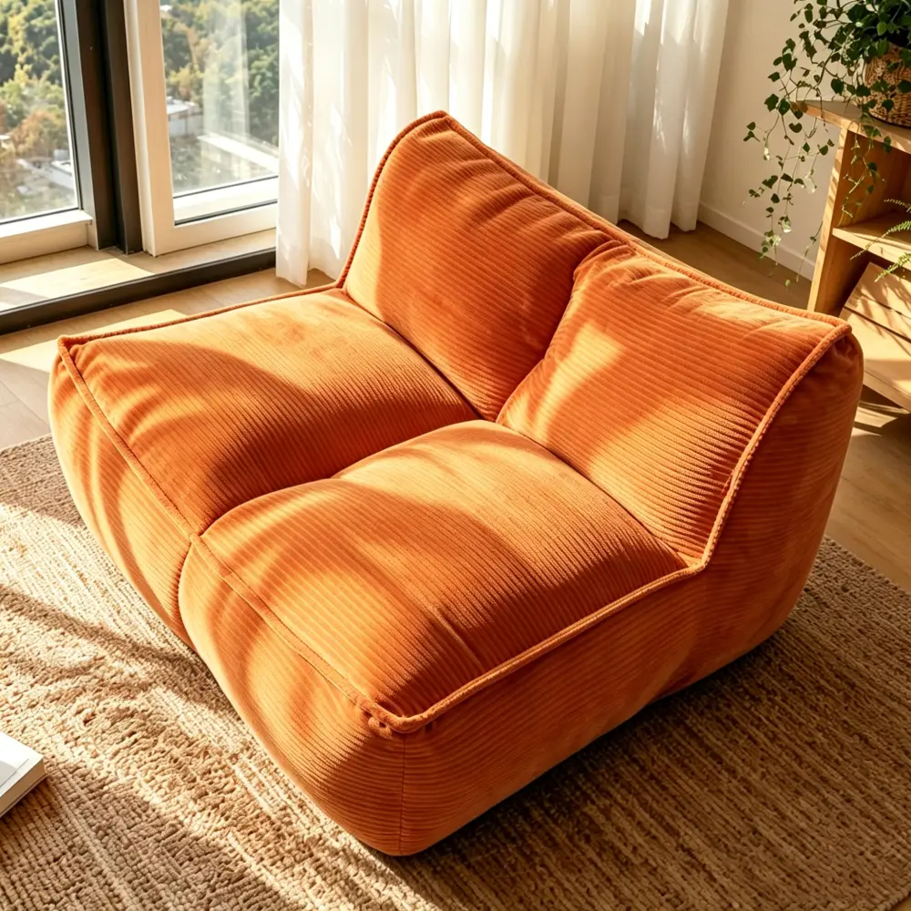 Modern Togo Caterpillar 1-Person Sofa, 35x40x28" Corduroy Fabric Slouchy Lazy Beanbag Couch, Cozy Fluffy Cloud Mini Sofa for Living Room, Bedroom, Orange