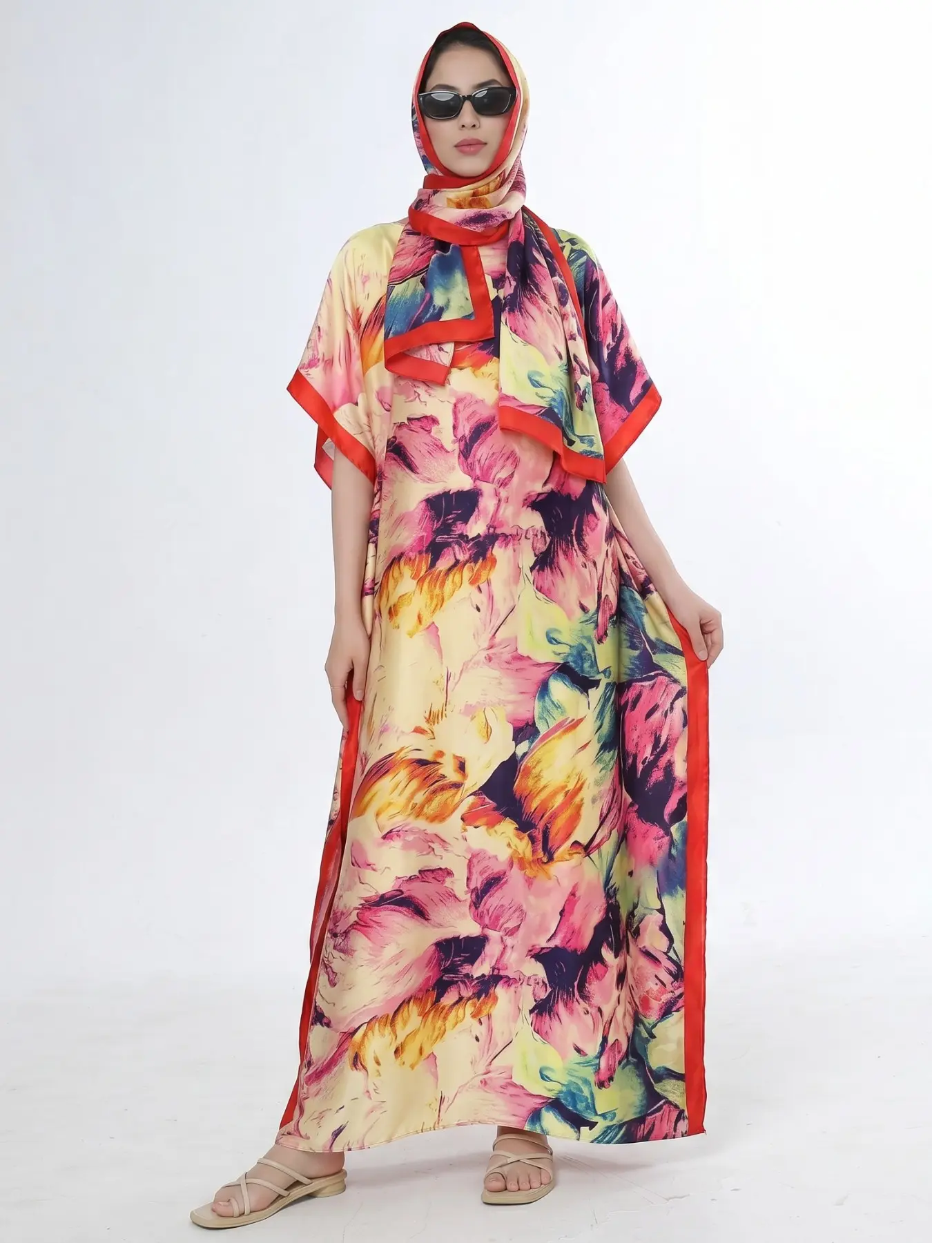 Women's Bright Floral Print Batwing Sleeve Silk-Feel Long Robe & Poncho Set, Lightweight Loose Satin Muslim Fashion Modest Outfit Side Slit Maxi Dress & Scarf Two Piece Sets