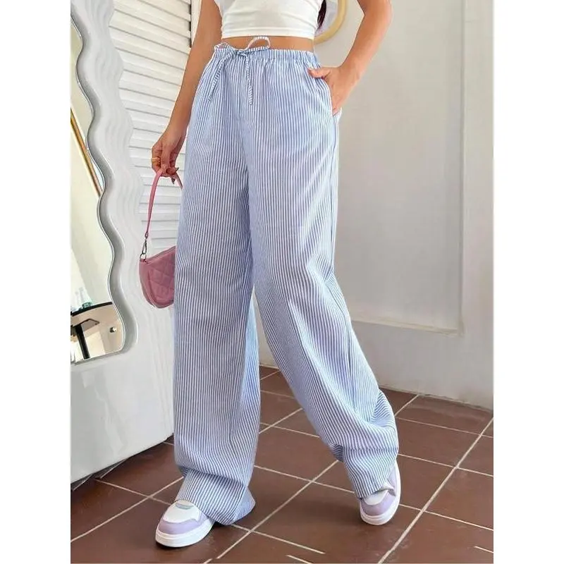 Women's Striped Print Drawstring Waist Straight Leg Pants, Casual Pocket Design Trousers for Spring & Fall, Women's Bottoms for Daily Wear