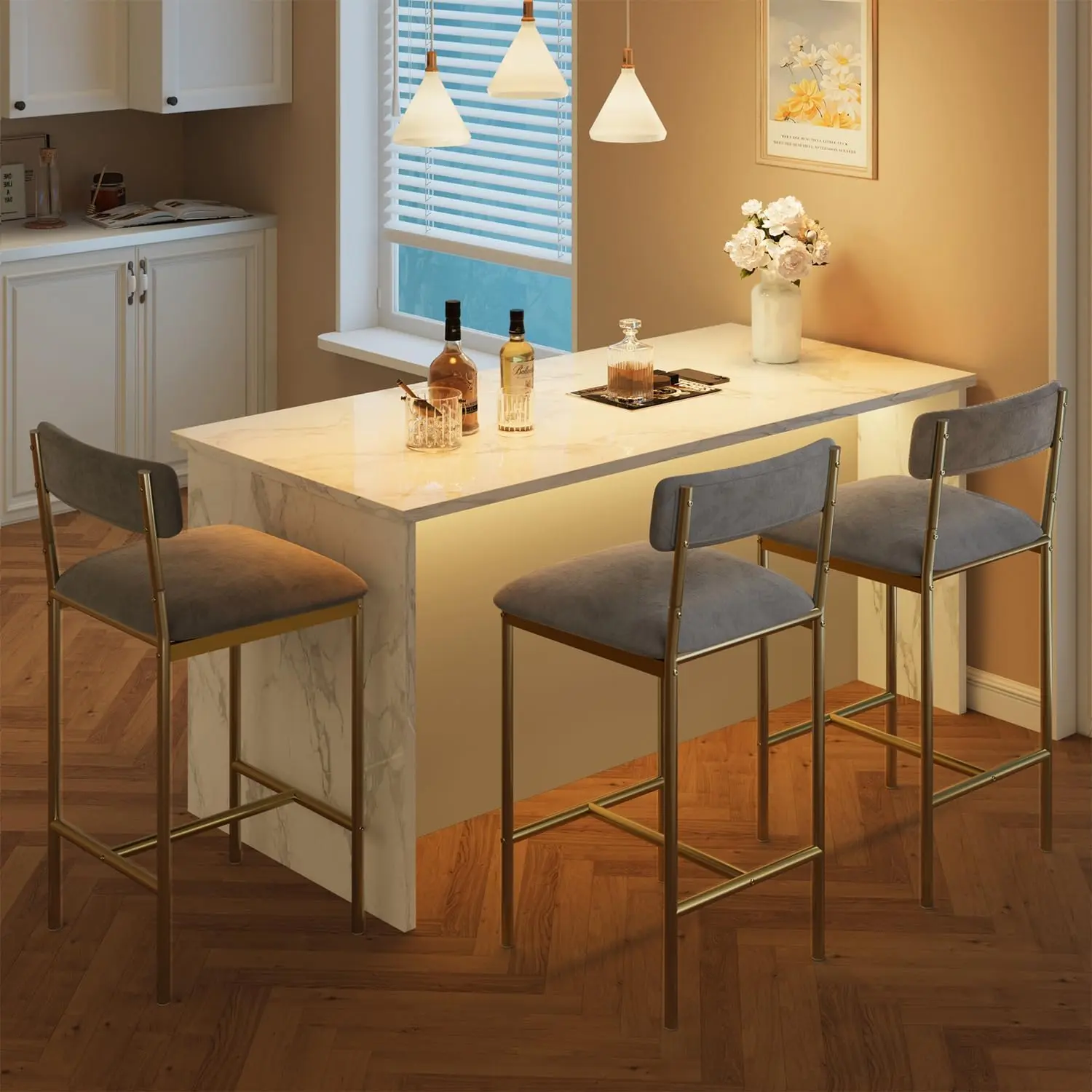 Modern 6-Piece Bar Stool Set - 25.5" Upholstered Counter Height Chairs with Back & Footrest - Velvet Fabric, Gold Frame, Easy Assembly for Kitchen Island or Dining Room