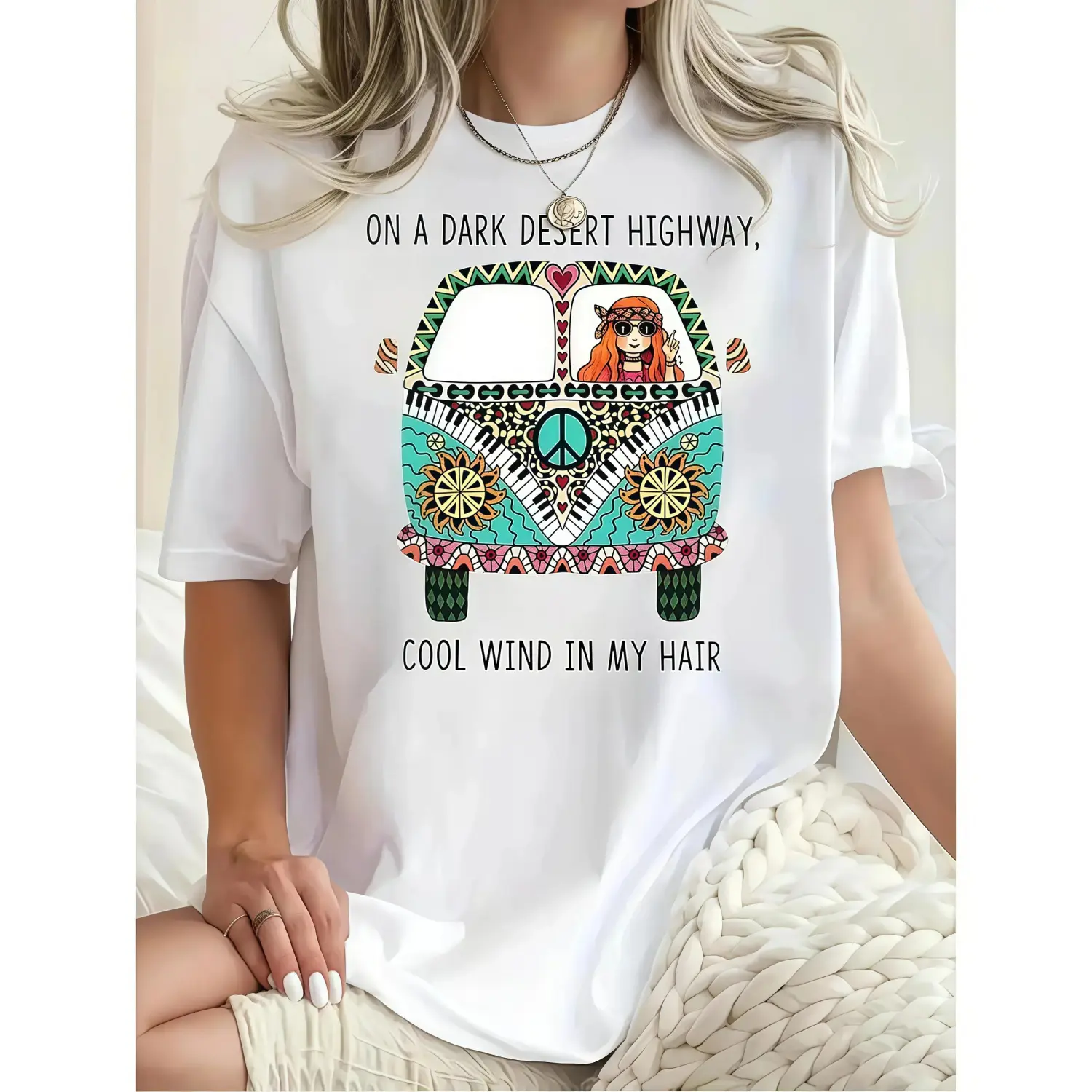 Women's Plus Size Graphic Tshirt, Boho Streetwear Style with an Oversized Fit, Soft Fabric Round Neck Top with Hippie Bus Print