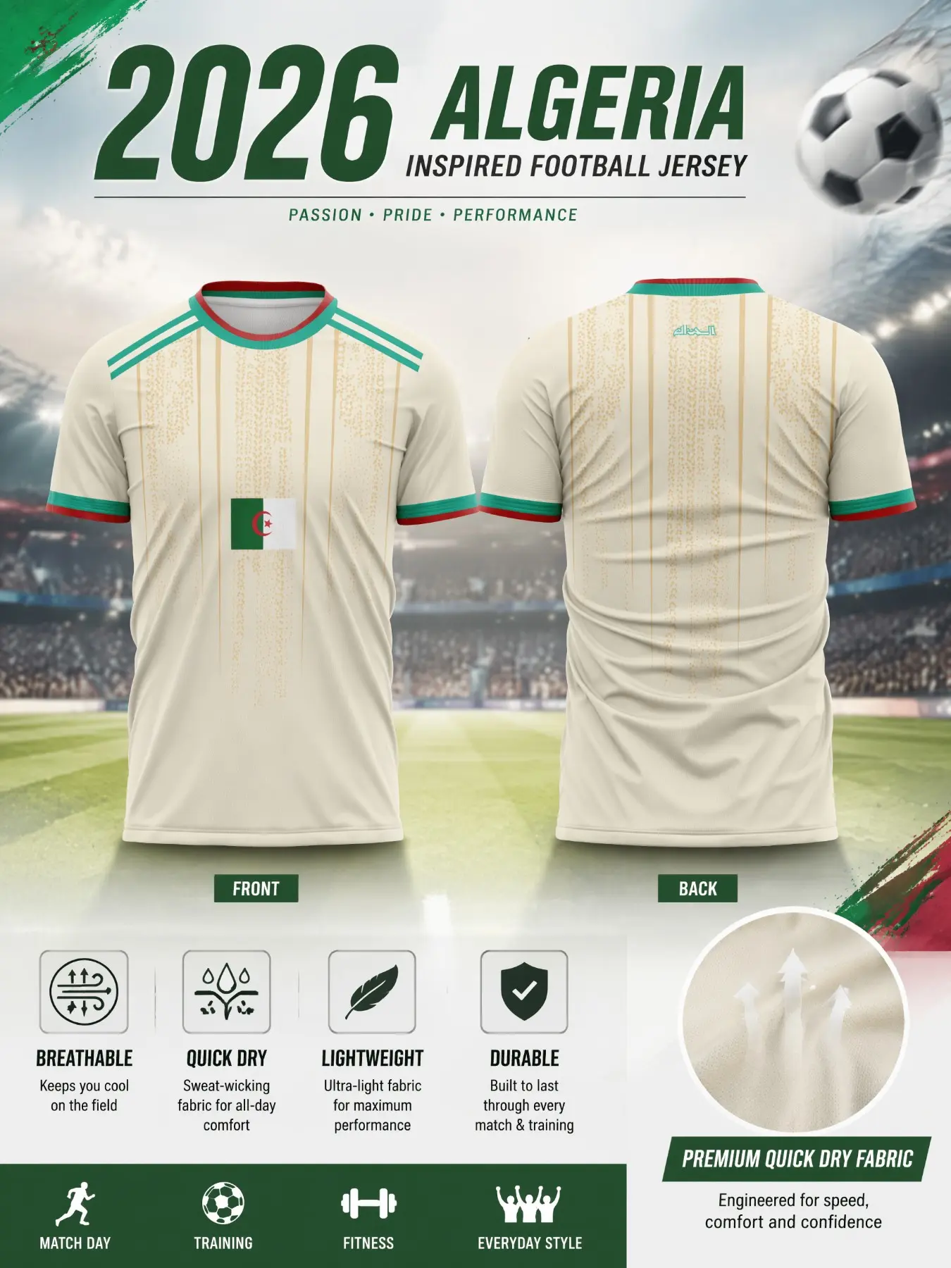 2026 Algeria Soccer Jersey, Lightweight Performance T-Shirt, Breathable Mesh Material, All-Over Print, Outdoor Sports, Soccer Training Jersey