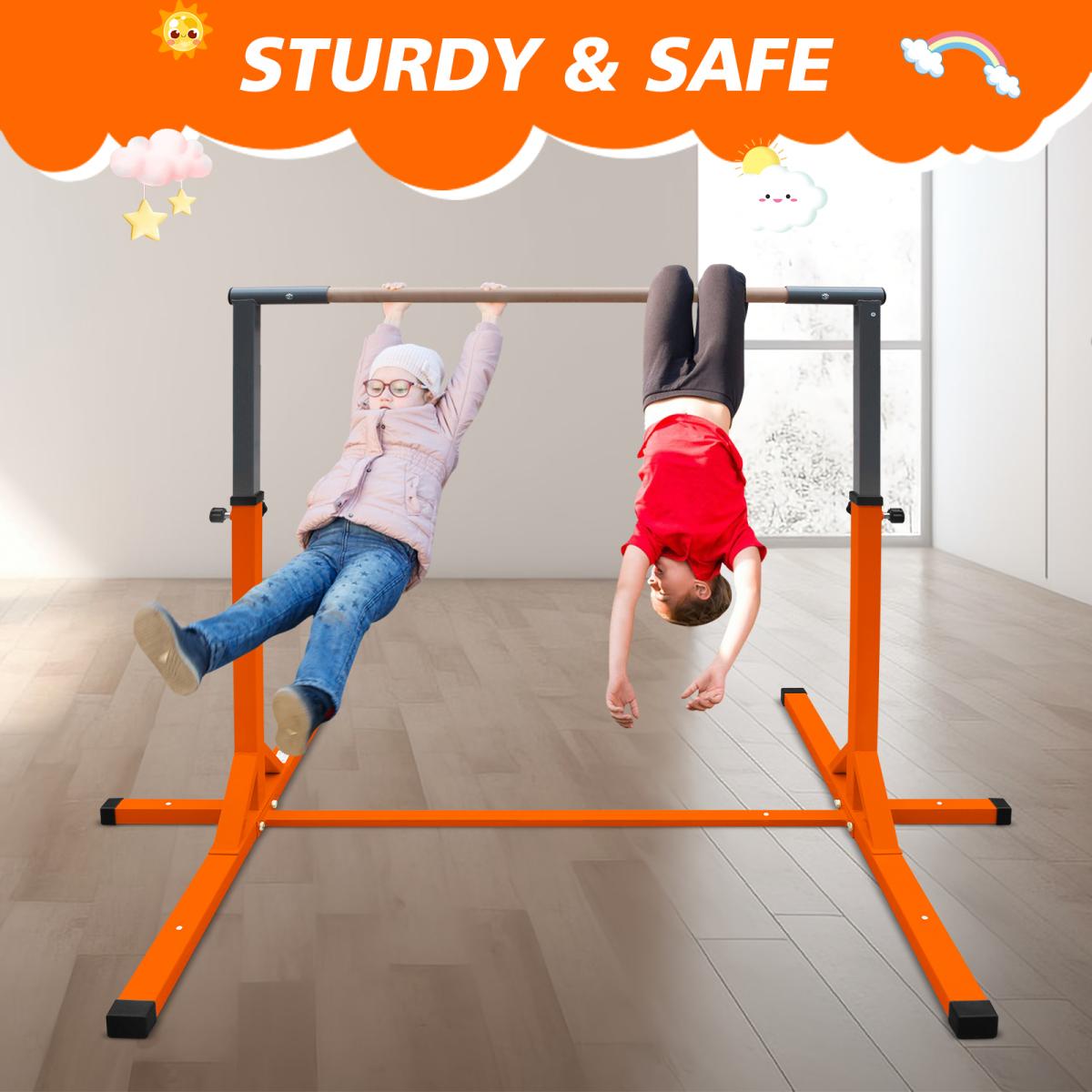 [Fahuac] Gymnastics Bar for Kids, Adjustable Height 39"-62" Junior Training Kip Bar for Home, Sturdy Metal Base with Non-Slip Cover, Easy Assembly, for Kids 3+ Years Orange