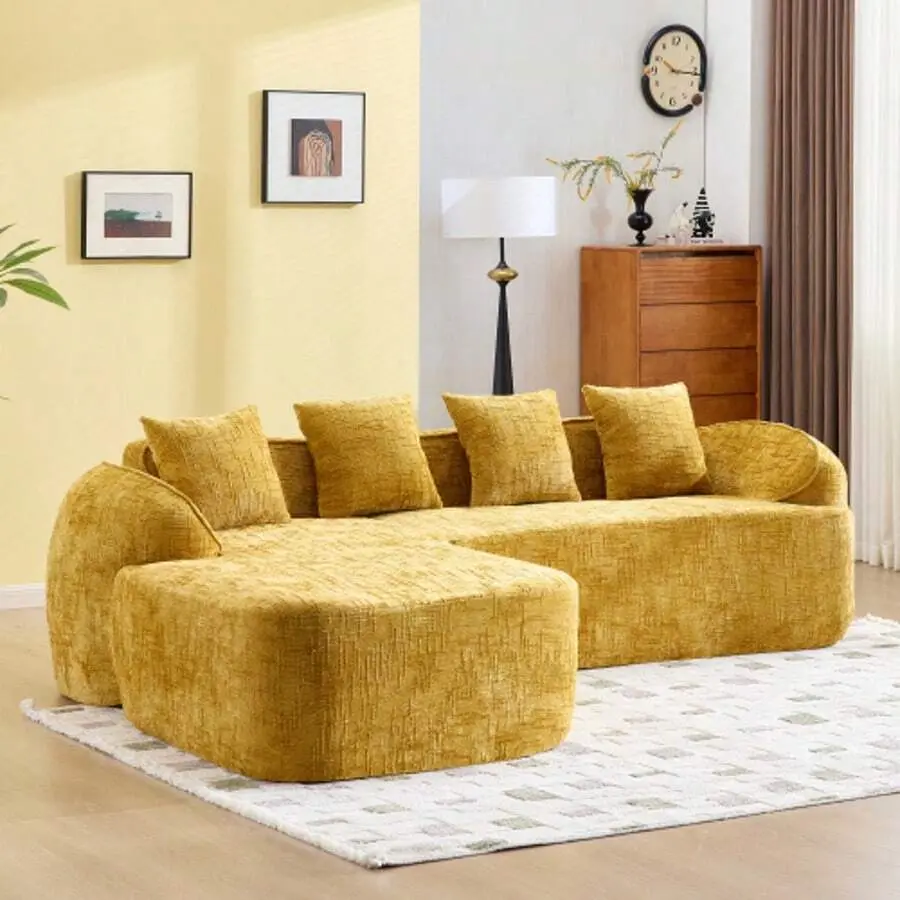 L-Shaped Chenille Compressed Sofa Couch With Curved Armrests And 4 Throw Pillows, Sectional Cloud Couch With Elastic Sponge, Modern Living Room Modular Boneless Sectional Sofa Apartment, Bedroom, Room, No Assembly Required