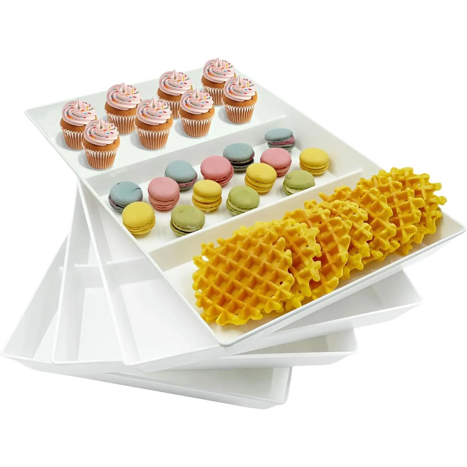 4 Pack 15" x 10" Divided Serving Tray Platter, White Plastic Fruit Veggie Food Trays for Party Appetizer Snack Dessert Cookie Brunch, BPA-FreeGift