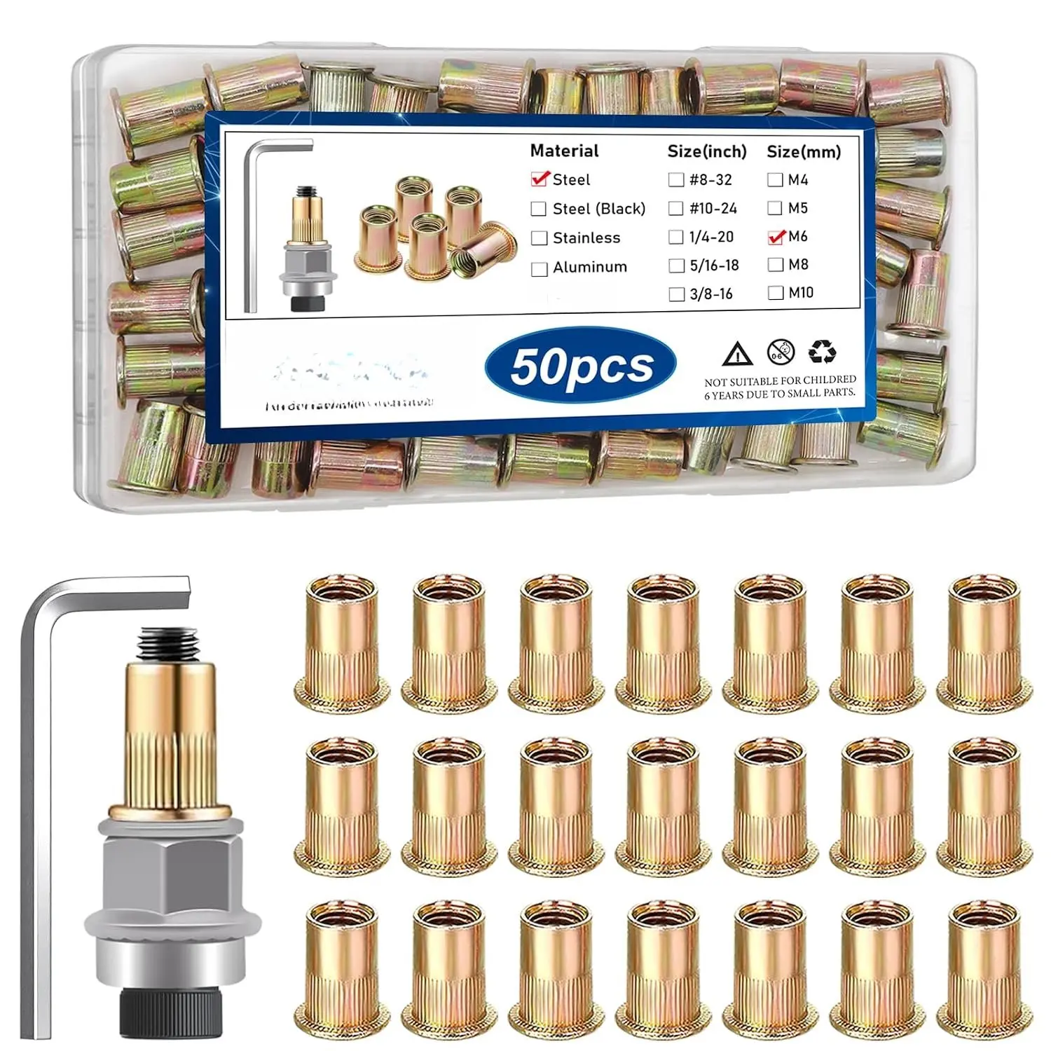 50 count M6 Rivet Nuts with Hand Rivet Nut Tool, Carbon Steel Flat  Threaded Insert Nut Kit for Furniture, Automotive, Marine and Decoration